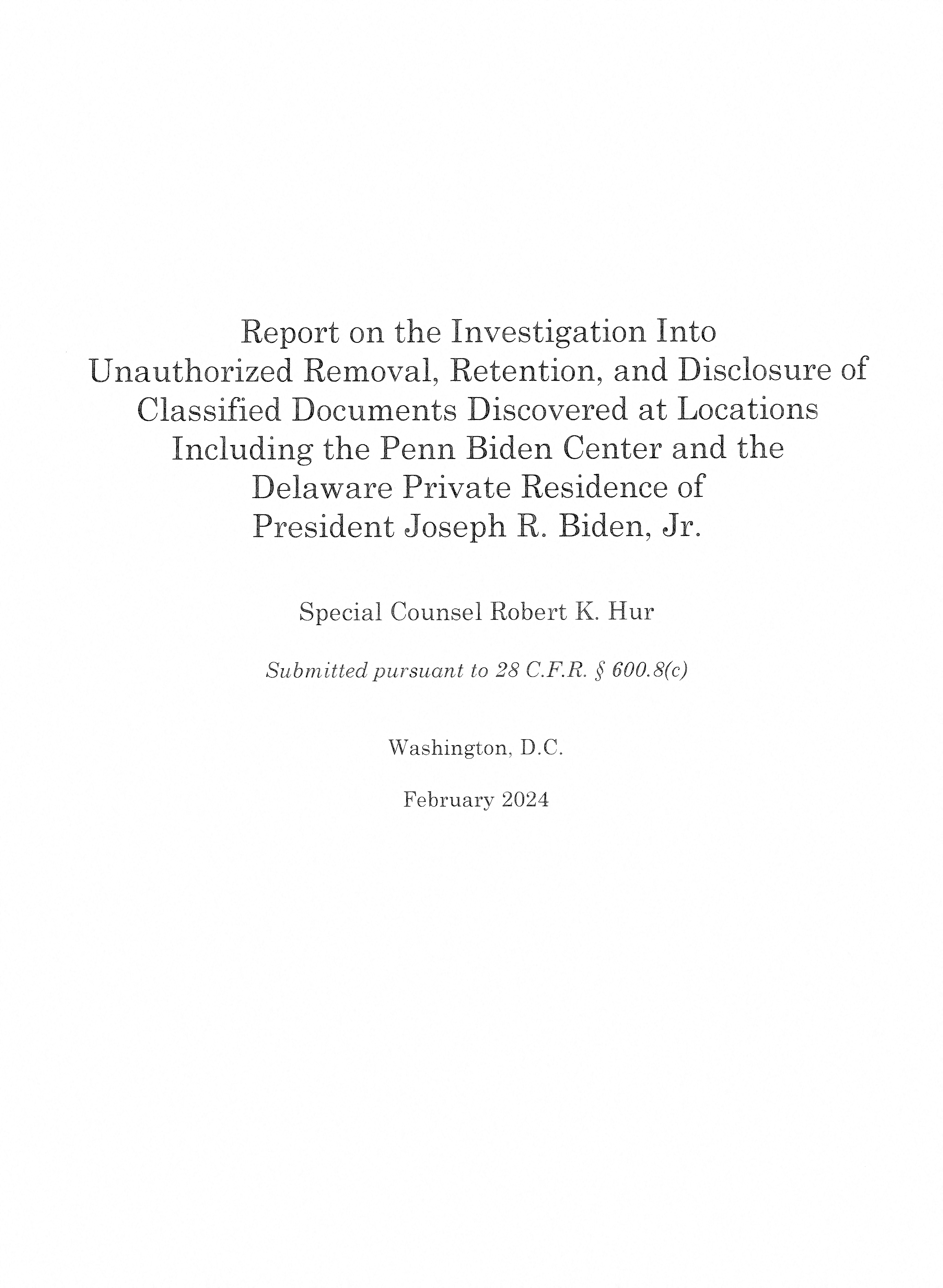 Special Counsel Robert Hur's report on the investigation into U.S. President Joe Biden for taking classified information about national security matters with him when he left the vice presidency in 2017, is seen after being released by the Justice Department in Washington, U.S. February 8, 2024. 