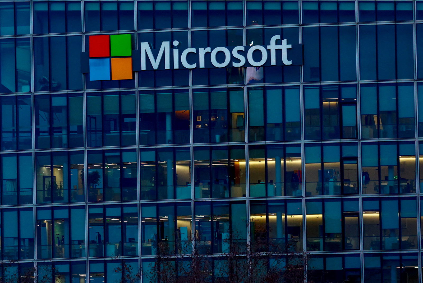 A view shows a Microsoft logo at Microsoft offices in Issy-les-Moulineaux near Paris, France, February 9, 2024. 