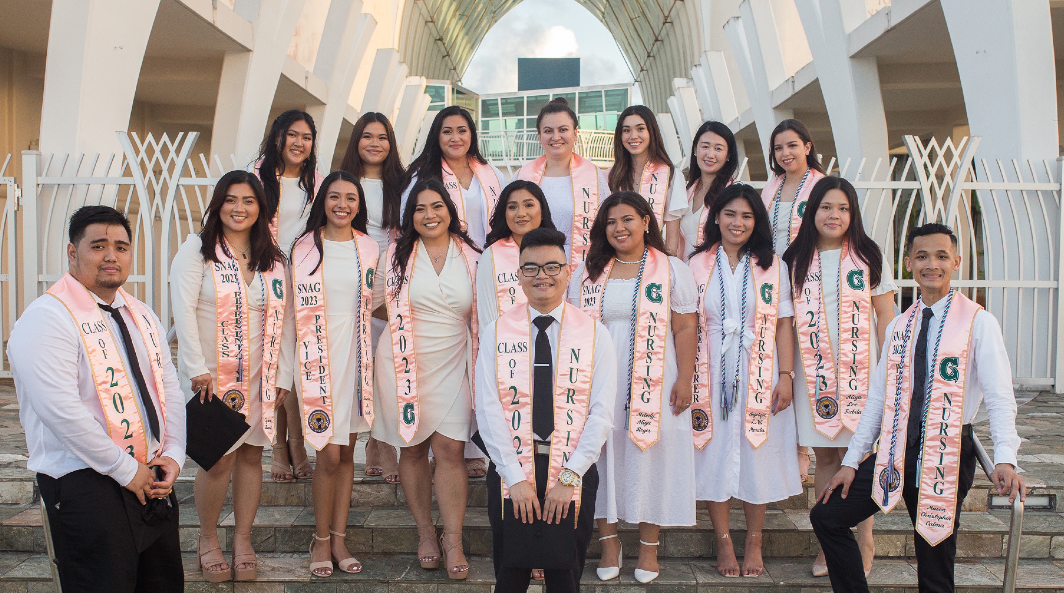 The Fañomnåkan (Spring) 2023 graduates of the University of Guam’s Bachelor of Science in Nursing program achieved a 100% pass rate after taking the National Council Licensure Exam for the first time. First row, from left, Ezechiel Palacol, Genry Topacio and Mason C. Calma. Second row, from left, Cyrene Bansil, Jasmine Quinto, Jaena Claire Cabrera, Jamila Olivares, Melody A. Reyes, Angelique L.W. Morales, and Aliya L. Fabila. Third row, from left, Joleene Mendoza, Chasnel A. Dela Cruz, Krystal Pilante, Nicole Reyes, Alexis Santos, Nan Wang, and Shelby Weilbacher.