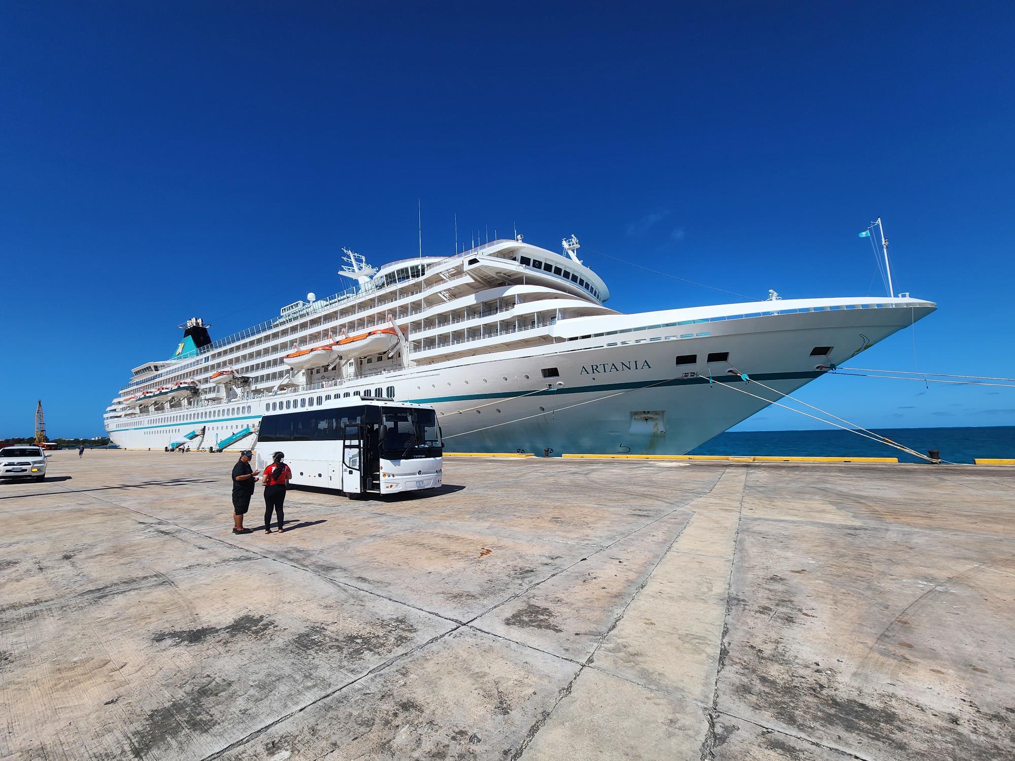 The MS Artania makes its maiden port call on Saipan, Monday morning.