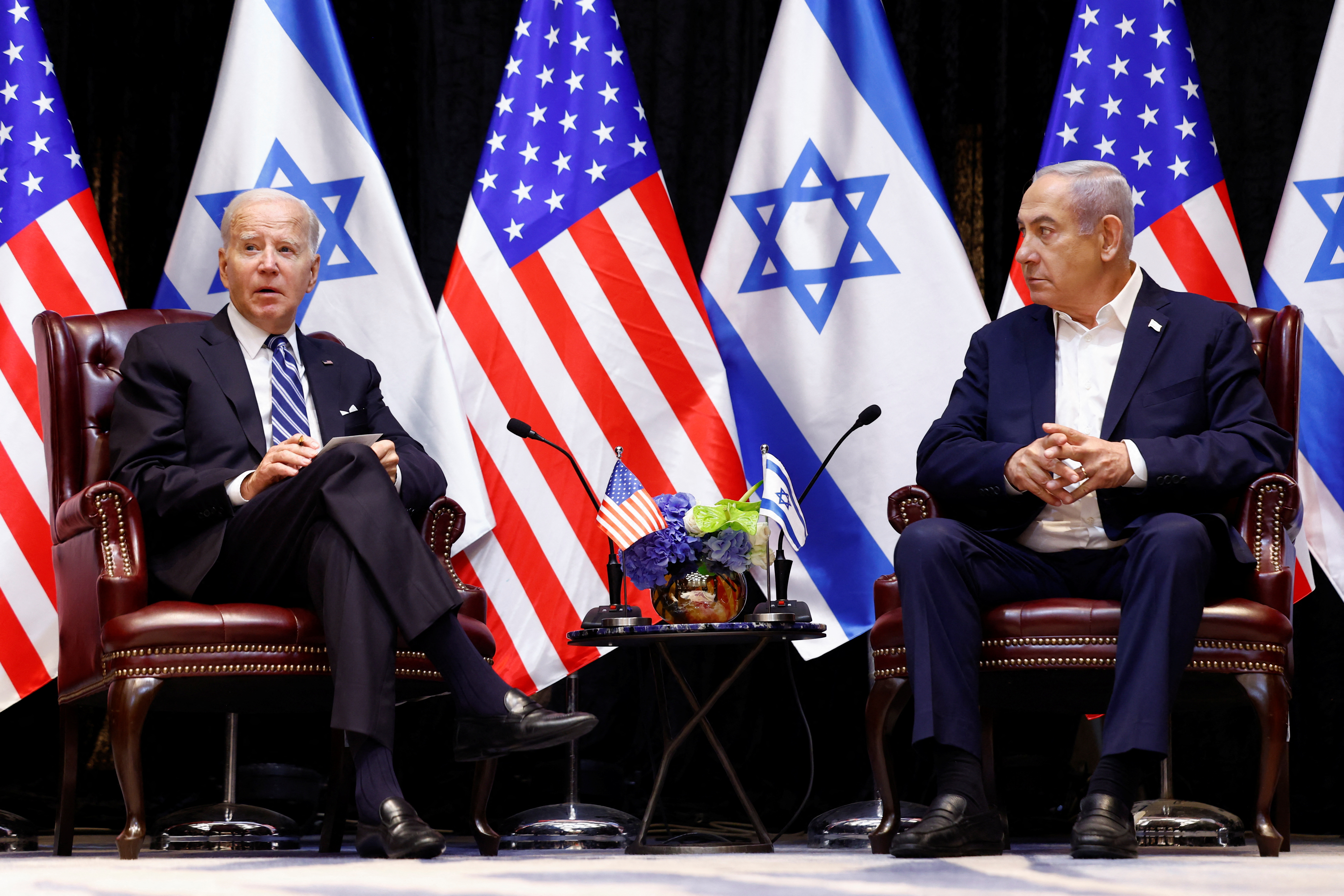 U.S. President Joe Biden meets with Israeli Prime Minister Benjamin Netanyahu and the Israeli war cabinet, as he visits Israel amid the ongoing conflict between Israel and Hamas, in Tel Aviv, Israel, October 18, 2023. 