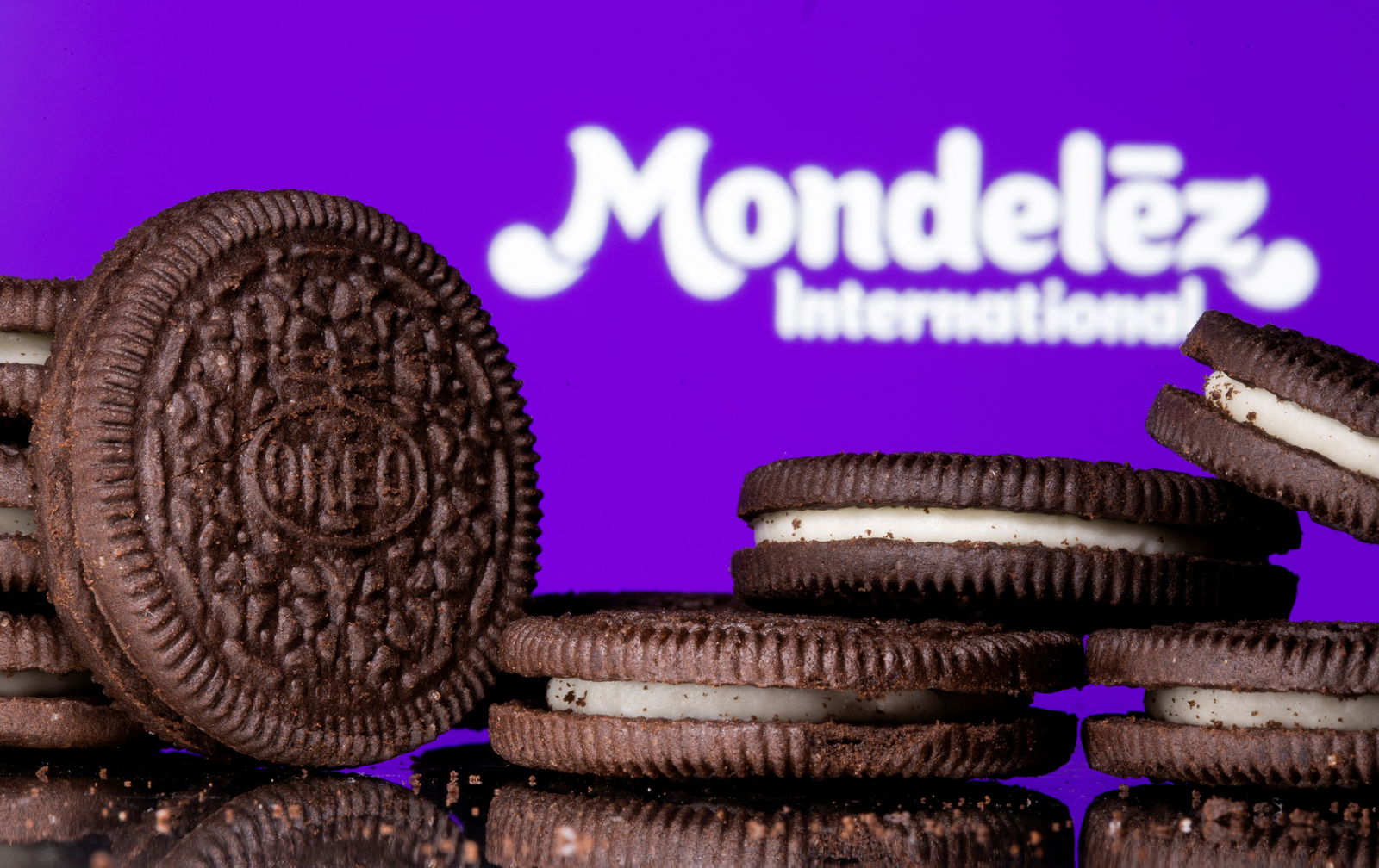 Oreo biscuits are seen displayed in front of Mondelez International logo in this illustration picture taken July 26, 2021. 