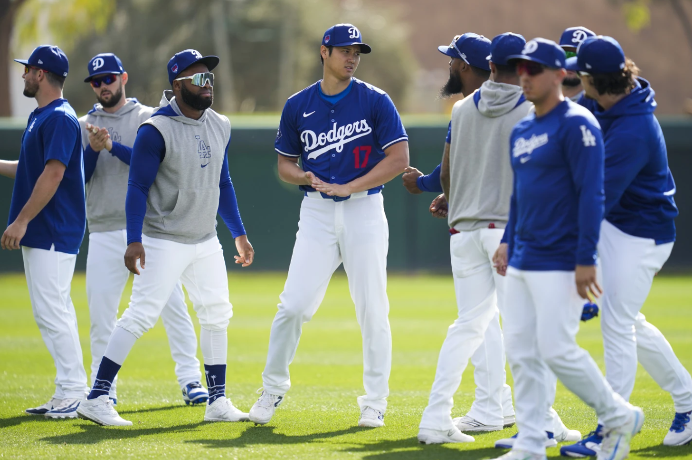 Los Angeles Dodgers designated hitter Shohei Ohtani (17) participates in spring training workouts at Camelback Ranch in Phoenix, Sunday, Feb. 18, 2024.