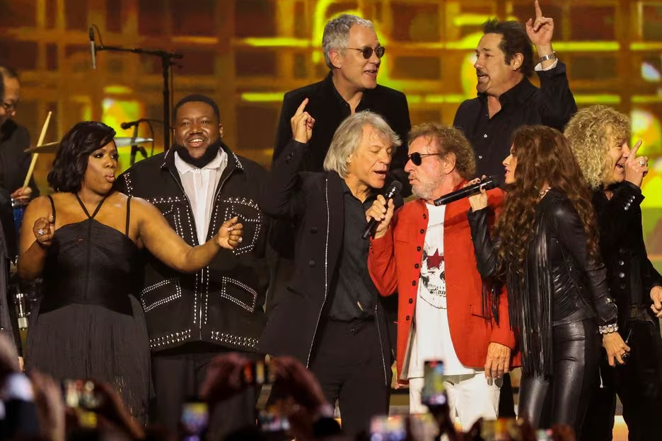 Michael Trotter Jr. and Tanya Trotter of The War and Treaty duo, honoree Jon Bon Jovi and his band, Sammy Hagar and Shania Twain perform during the MusiCares Person of the Year Gala in Los Angeles, California, Feb. 2, 2024.