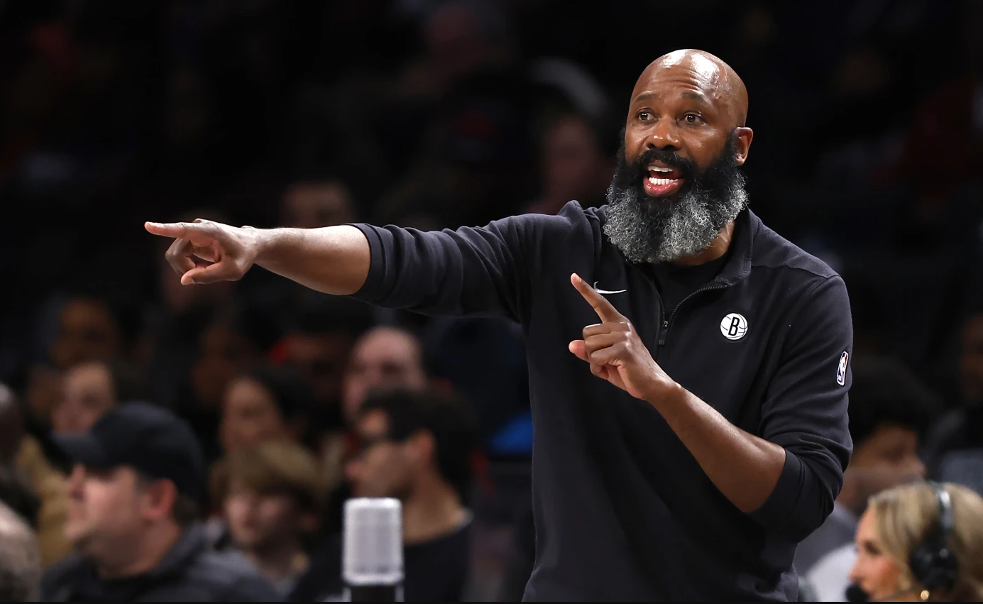 Brooklyn Nets head coach Jacque Vaughn instructs his players against the Detroit Pistons during the second half of an NBA game on Dec. 23, 2023 in New York.