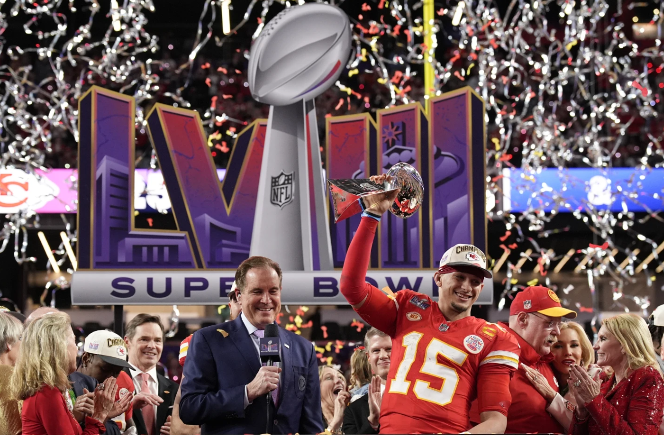 Kansas City Chiefs quarterback Patrick Mahomes (15) celebrates after the NFL Super Bowl game against the San Francisco 49ers, Sunday, Feb. 11, 2024, in Las Vegas.