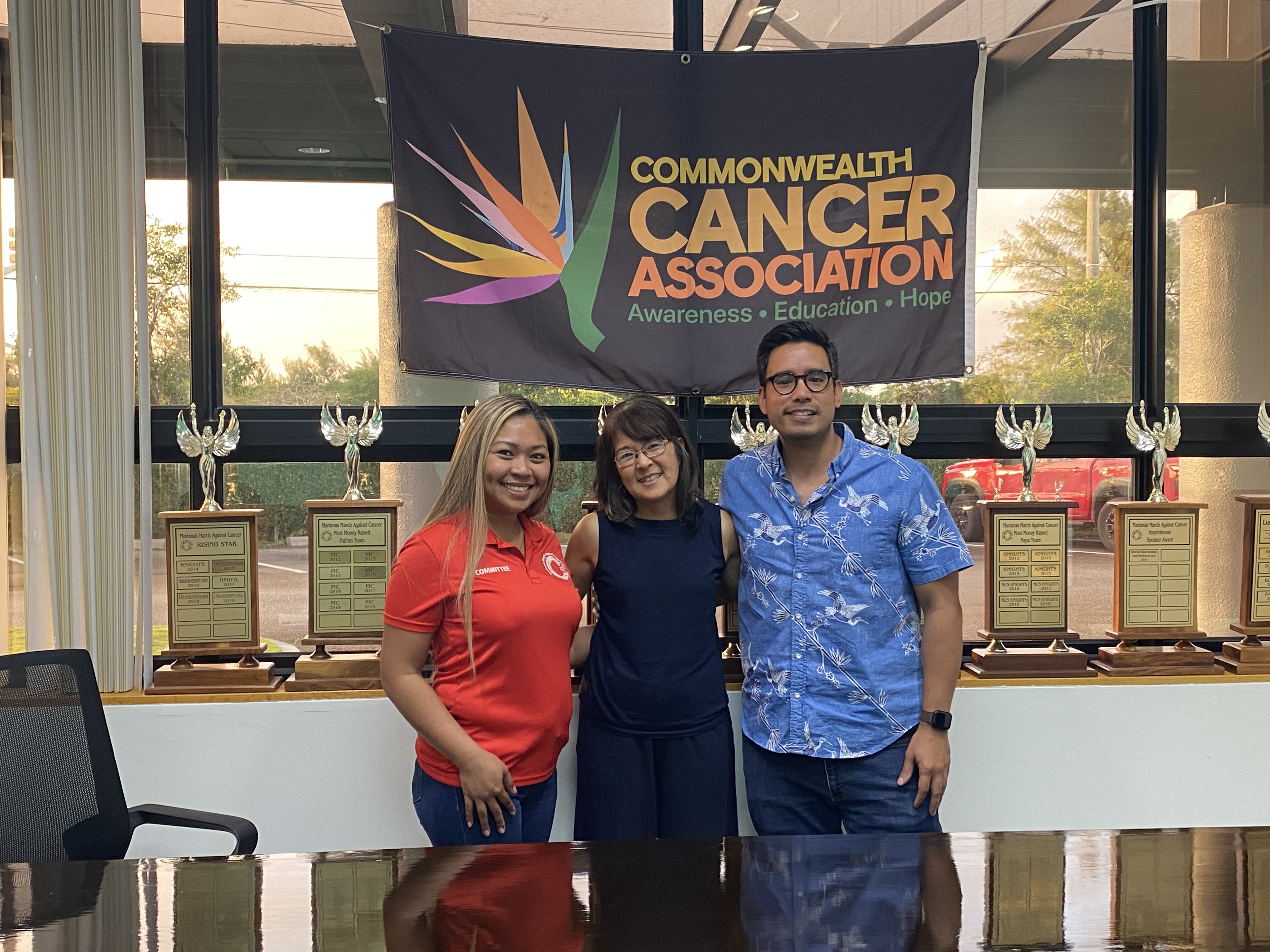 From left. Jenypy Sambile, Marianas March Against Cancer chair; Lynn Tenorio, interim executive director of the Commonwealth Cancer Association; and Bo Palacios, Commonwealth Cancer Association president.