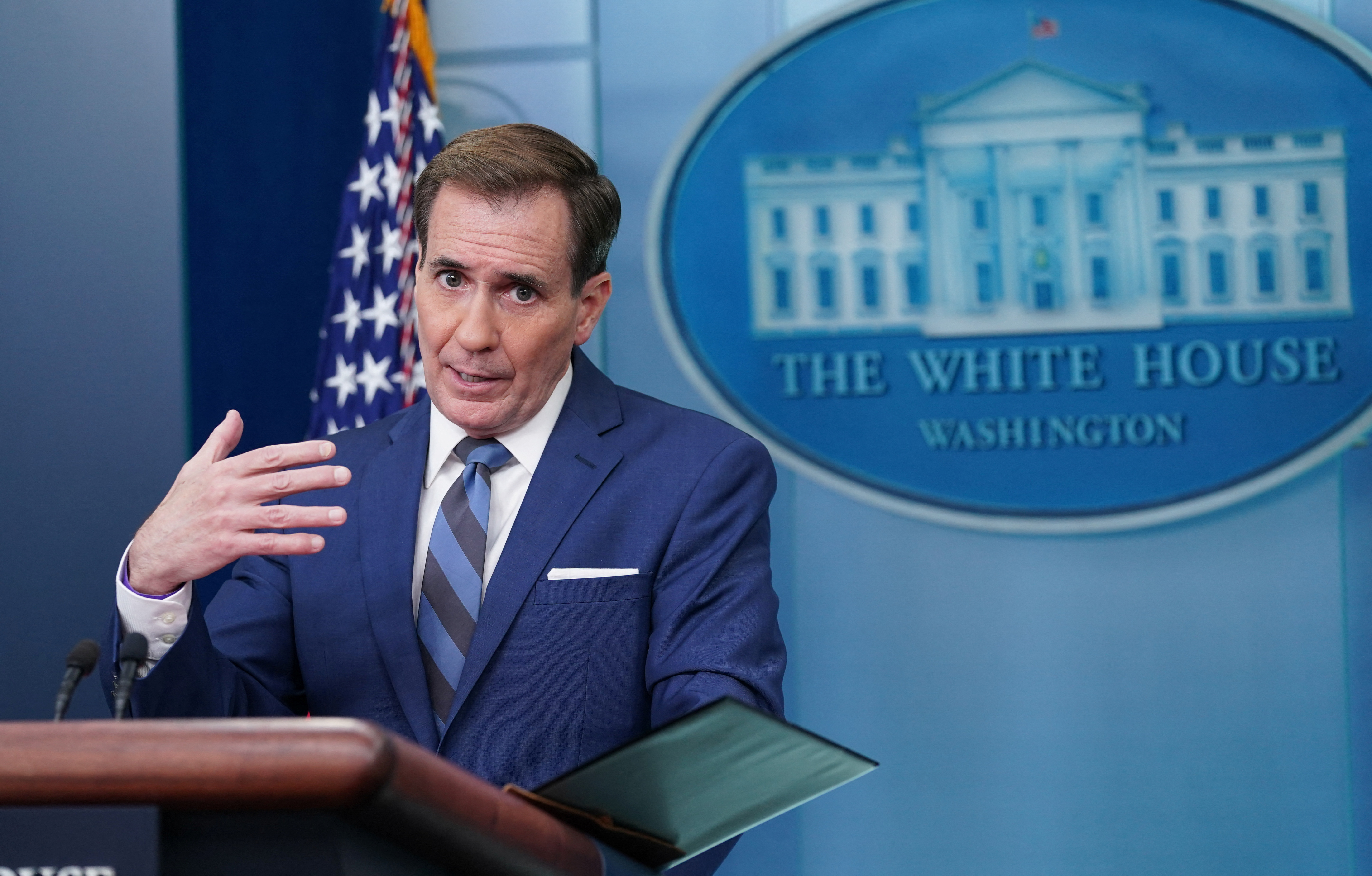 White House National Security Council Strategic Communications Coordinator John Kirby speaks during a press briefing at the White House in Washington, U.S., November 28, 2022. 