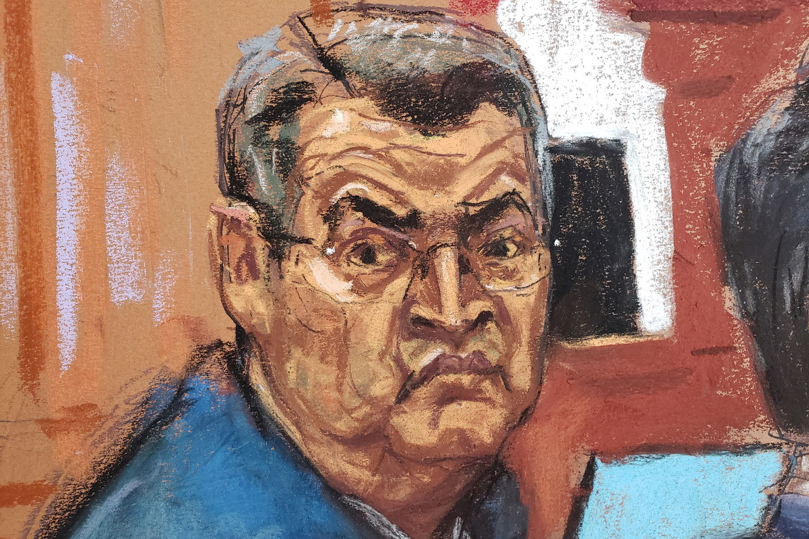 Former Honduras President Juan Orlando Hernandez attends his trial on U.S. drug trafficking charges in federal court in the Manhattan borough of New York City, U.S., February 20, 2024 in this courtroom sketch. 