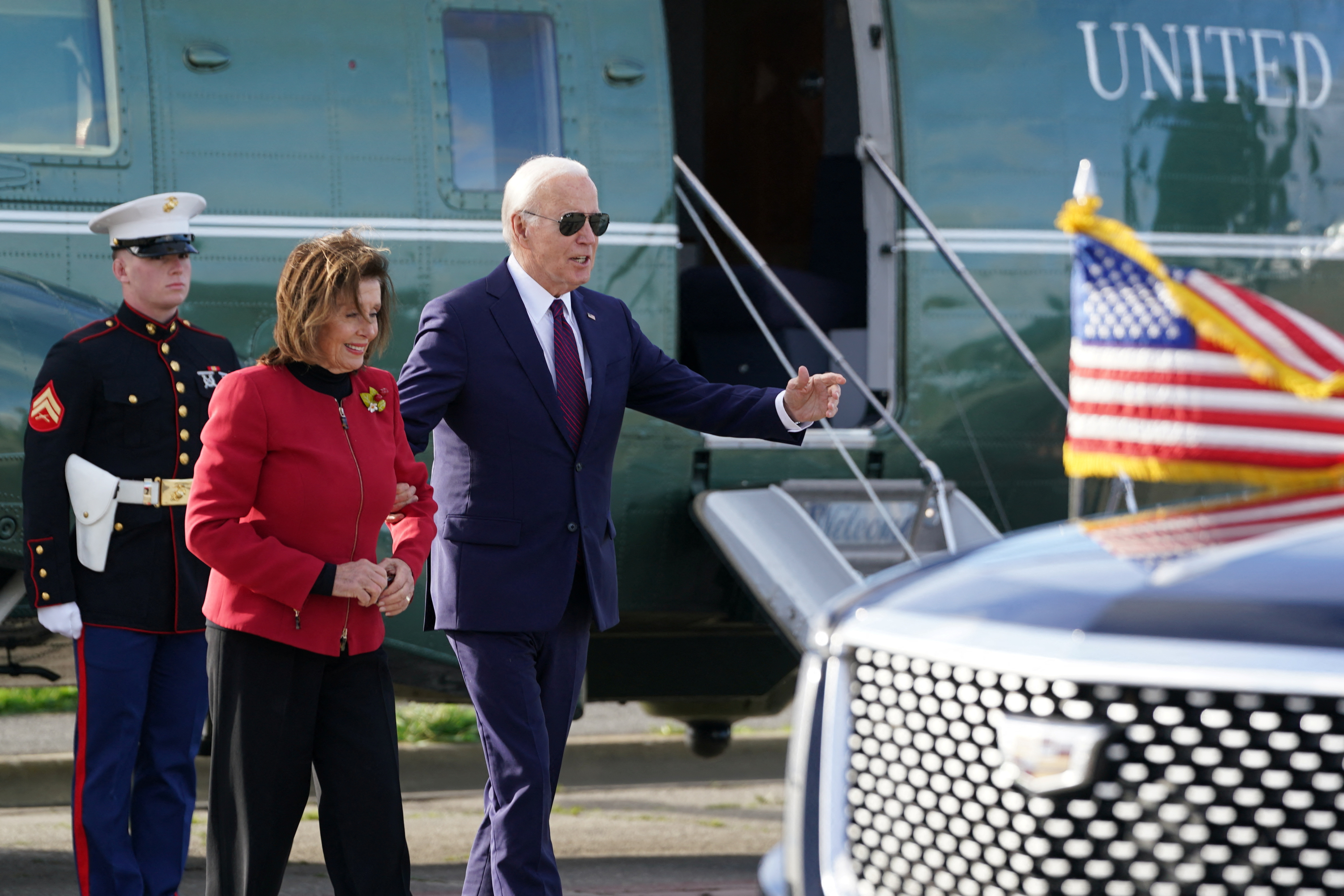 U.S. President Joe Biden and U.S. Representative Nancy Pelosi (D-CA) disembark Marine One in San Francisco, California, U.S. February 21, 2024. 