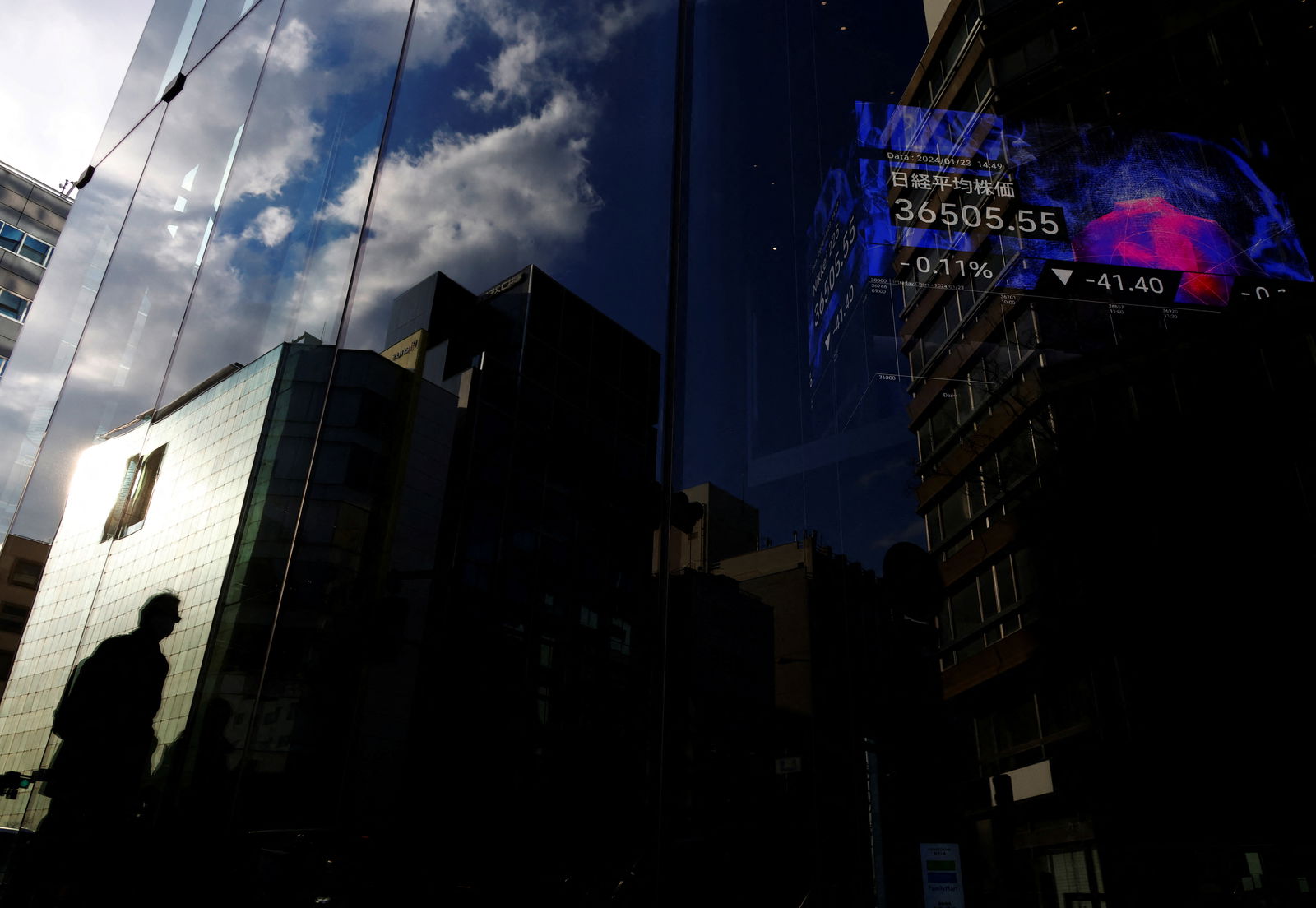 FILE PHOTO: A pedestrian is reflected on a glass of a business building while an electric board showing Nikkei index is seen in the building at a business district in Tokyo, Japan January 23, 2024. 