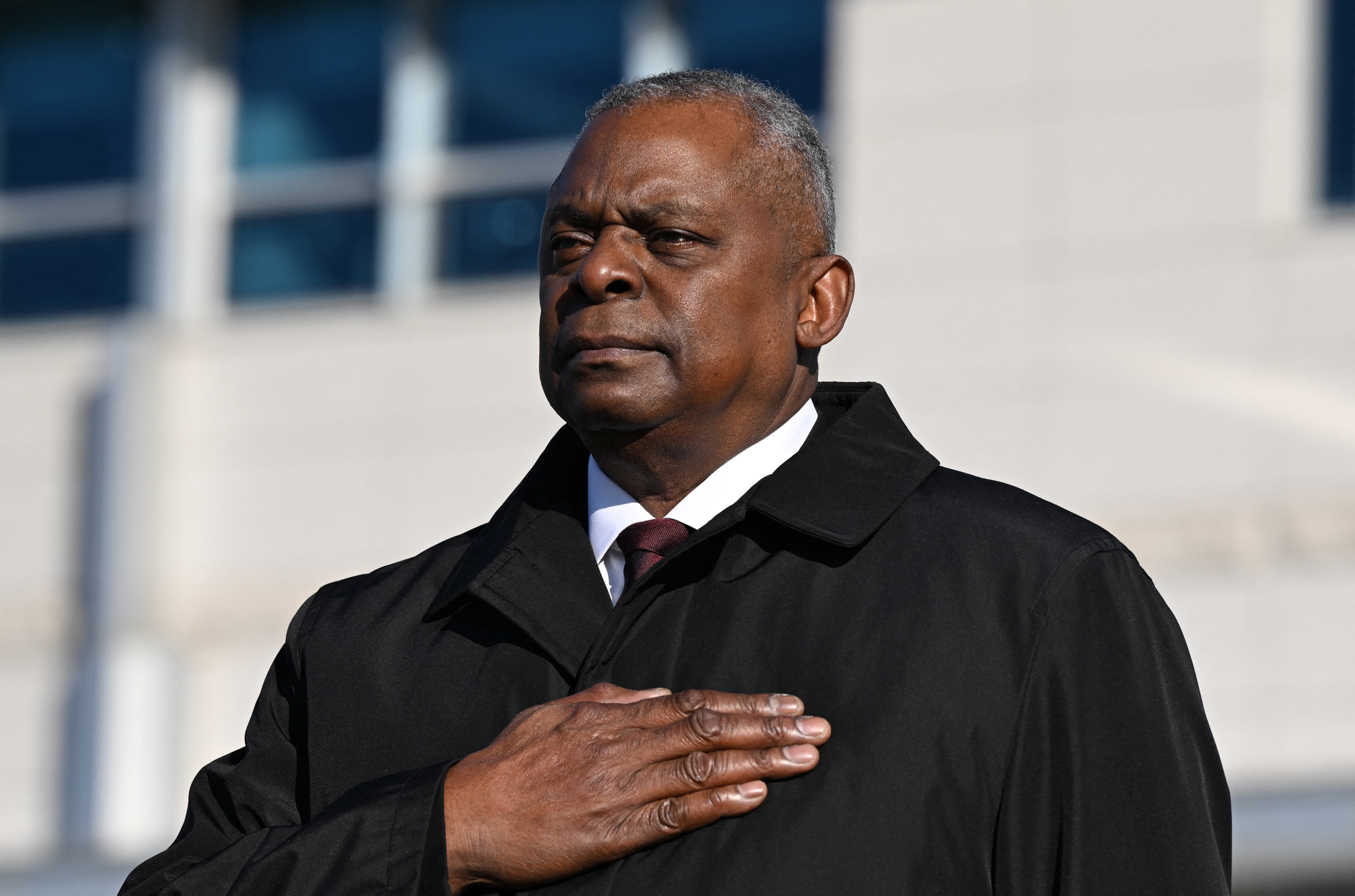 US Secretary of Defense Lloyd Austin attends a welcome ceremony before an annual security meeting with South Korean Defence Minister Shin Won-sik at the Defence Ministry in Seoul, South Korea on November 13, 2023. 
