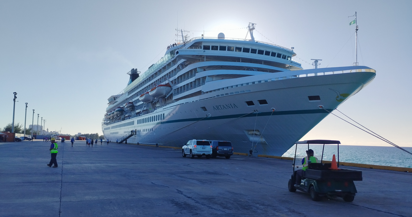 Ms Artania docked on Saipan, prepares for departure to continue its 143-day world cruise.