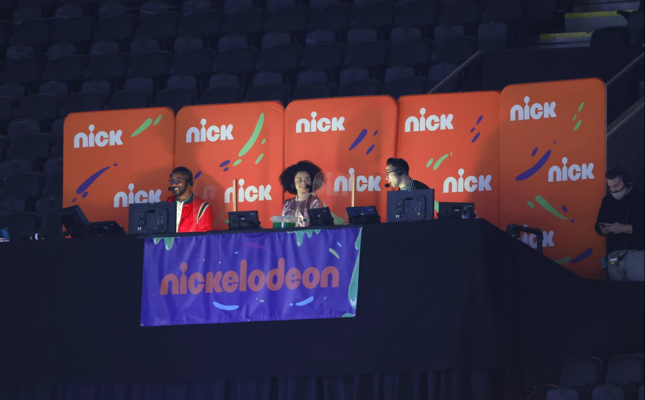 Nickelodeon commentators, from left, Nate Burleson, Gabrielle Nevaeh and Noal Eagle are seen during an NFL wild-card playoff game between the New Orleans Saints and the Chicago Bears, Jan. 10, 2021 in New Orleans.