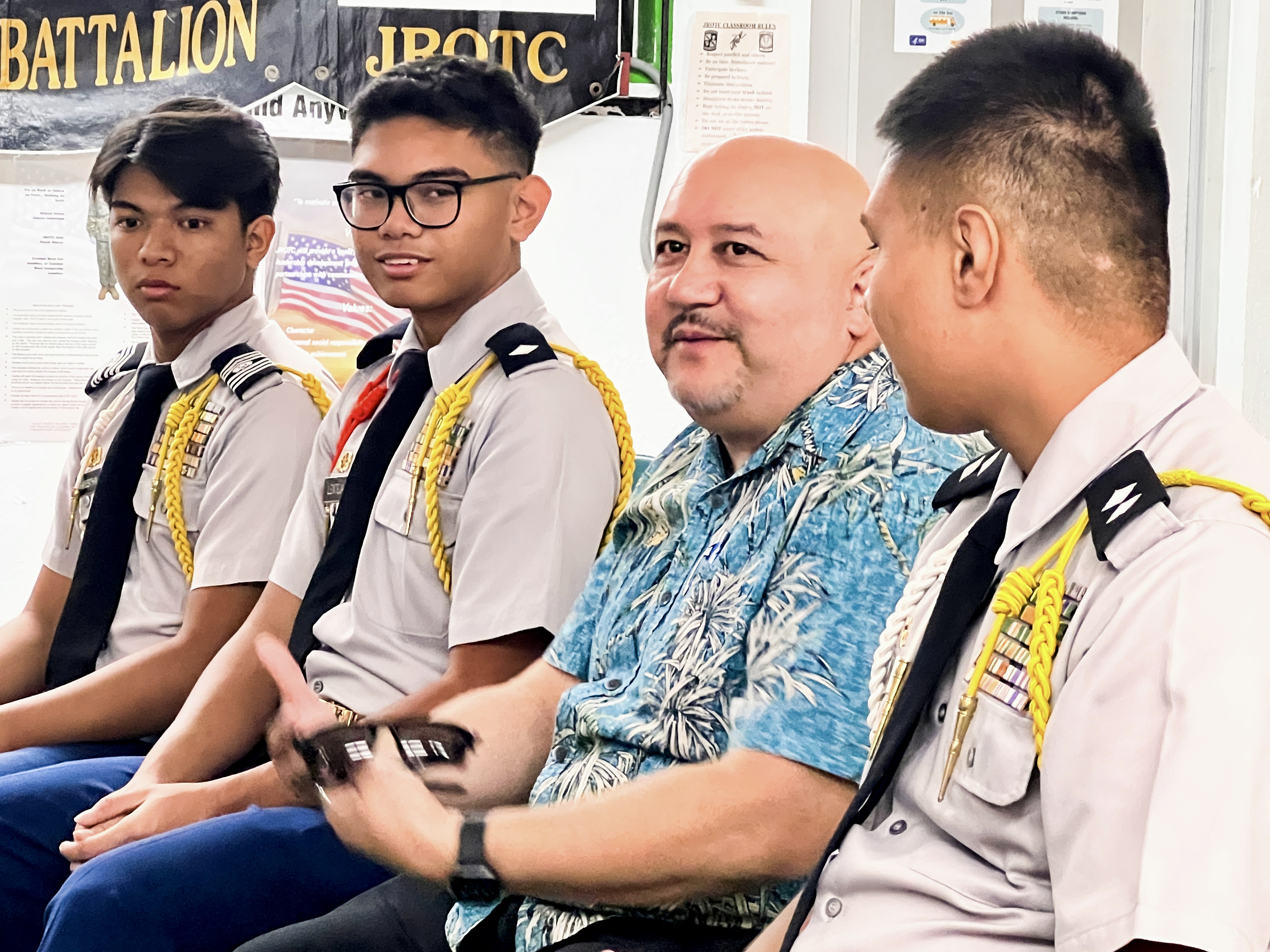 Commissioner of Education Dr. Lawrence F. Camacho meets with Tinian High School’s Junior Reserve Officer Training Corps command staff officers. A retired U.S. Army lt. colonel, Camacho served the nation for over two decades and is a recipient of two Bronze Star medals and the Combat Action Badge, among other awards and decorations. 