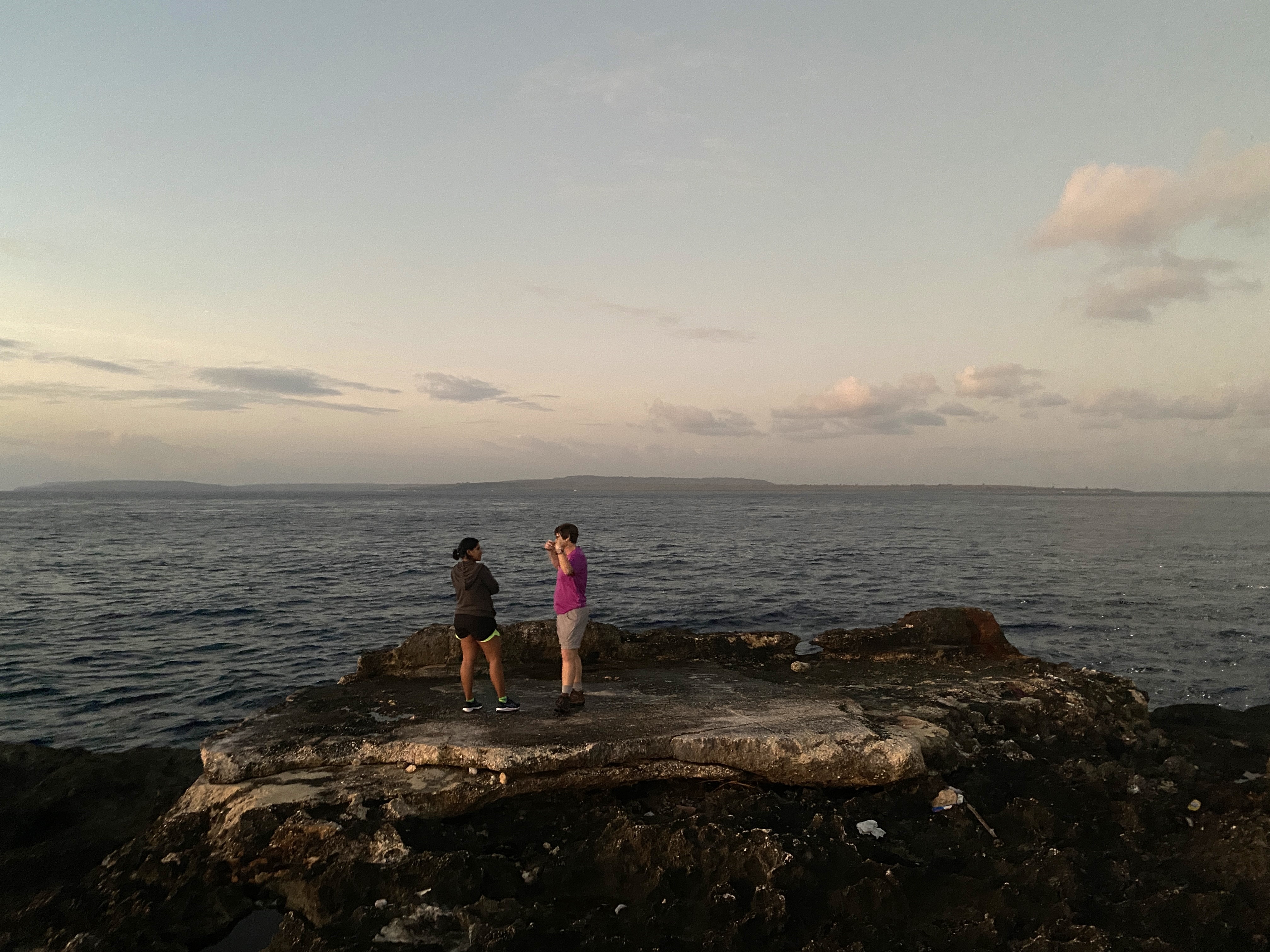 With Tinian as a backdrop, volunteer Mahi Puri talks with natural resources specialist Jill Liske-Clark at Agingan Point during the Third Annual Saipan Fanihi Count on Wednesday morning.
