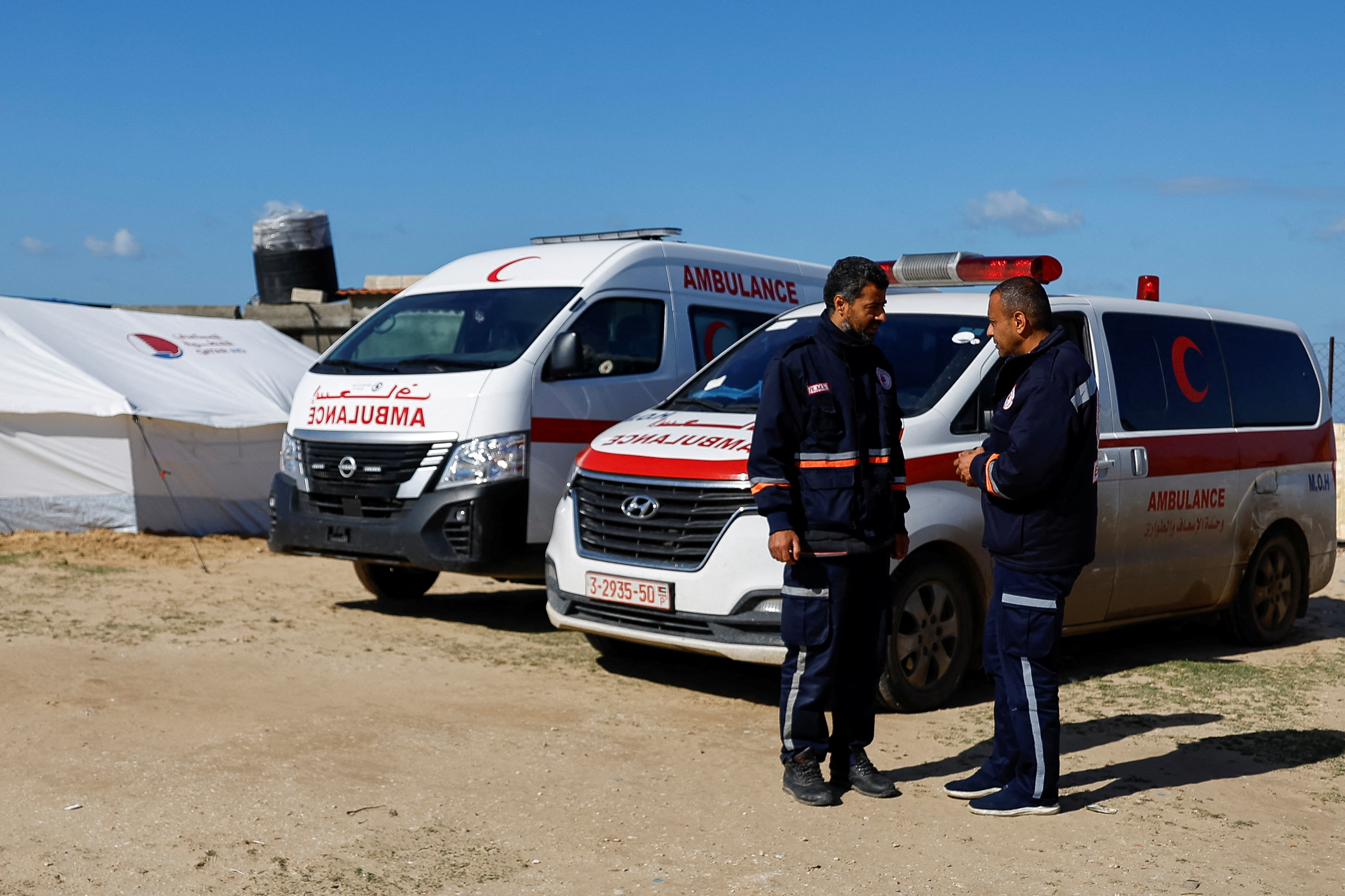 Medics speak at a medical point, formed to get better access to frontlines, where they help Palestinian people, amid the ongoing conflict between Israel and Hamas, in Khan Younis in the southern Gaza Strip January 30, 2024. 