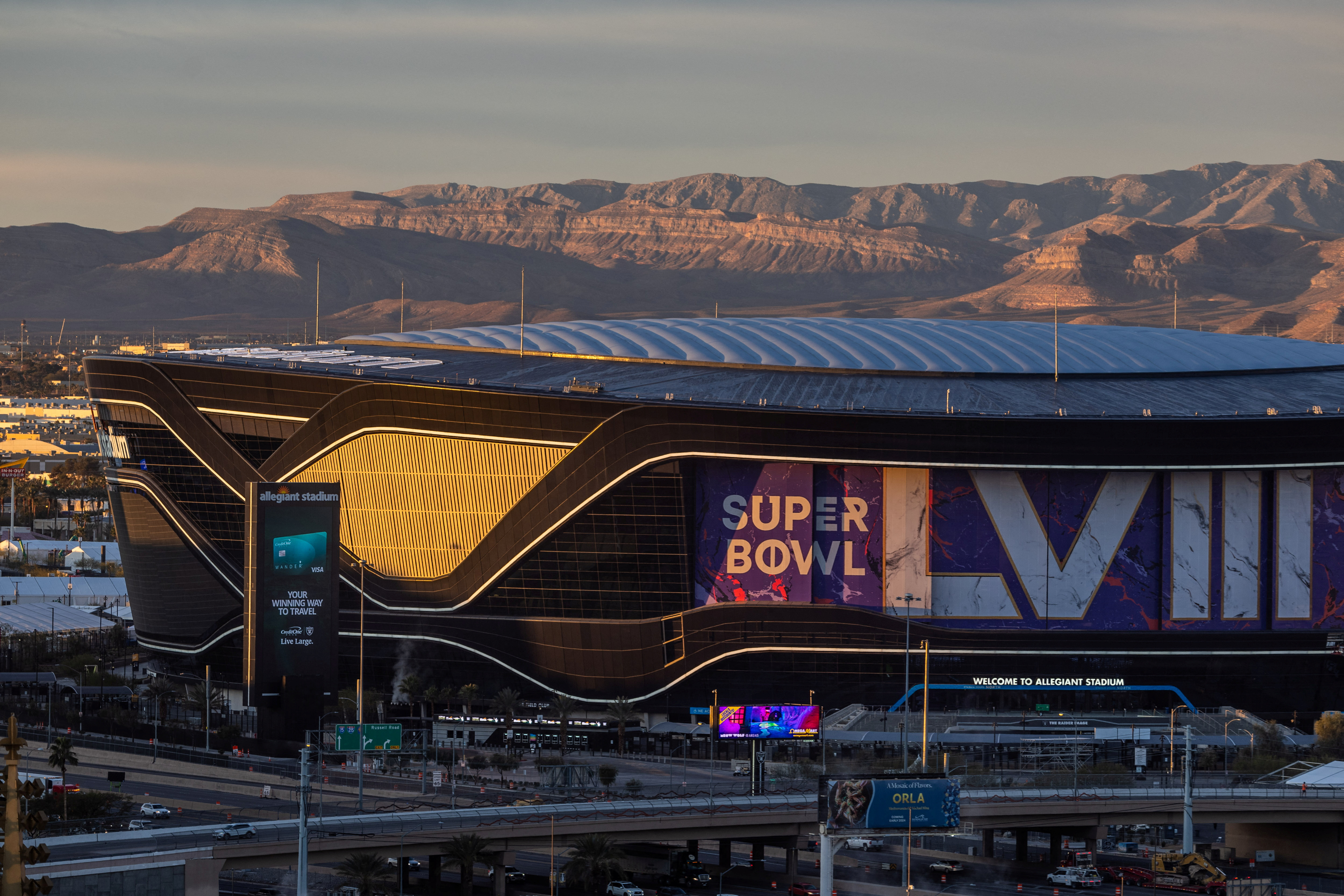The rising sun illuminates the Allegiant Stadium, where Super Bowl LVIII will take place, in Las Vegas, Nevada, U.S., January 24, 2024. 