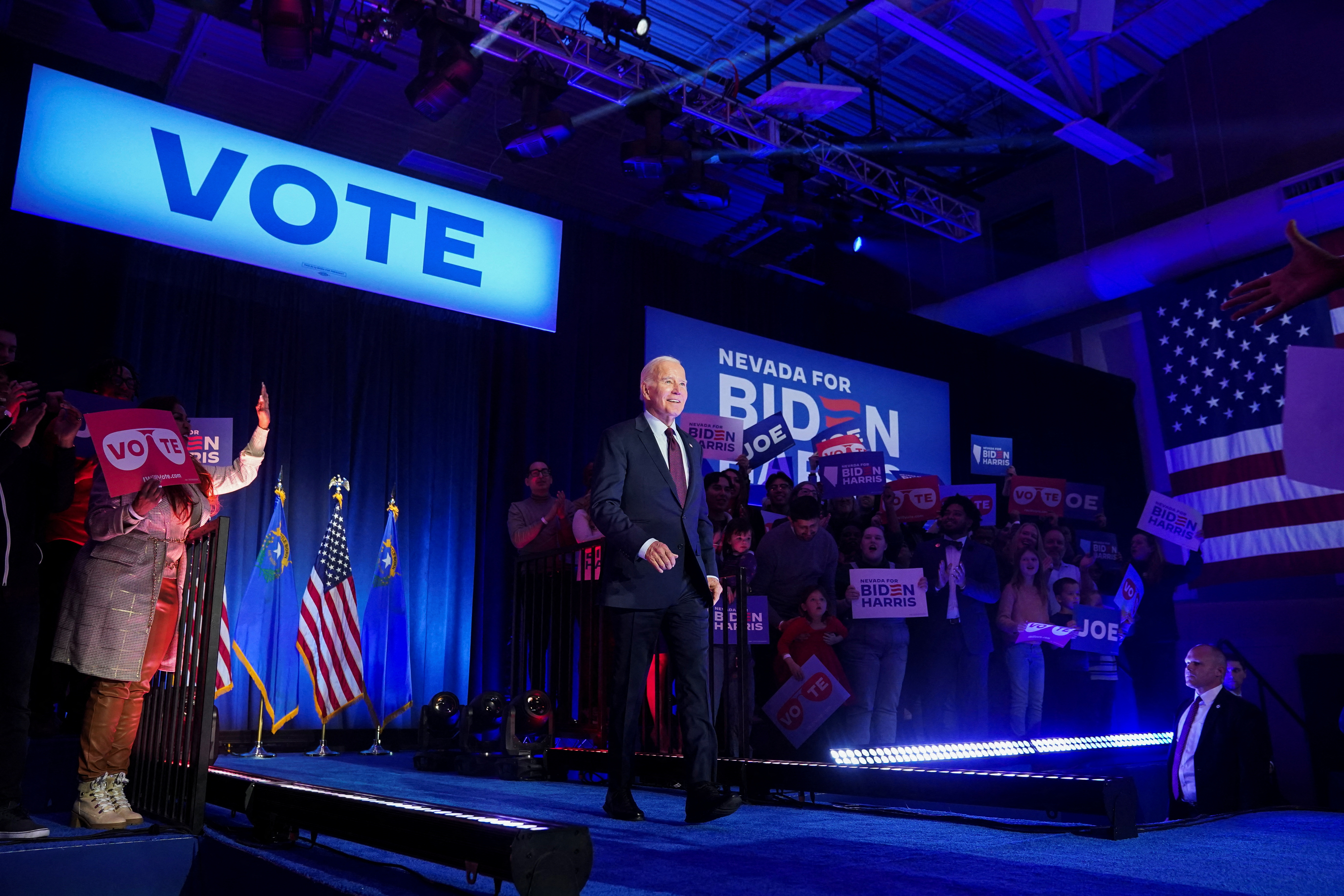U.S. President Joe Biden holds a campaign rally ahead of the state's Democratic presidential primary, in Las Vegas, Nevada, U.S. February 4, 2024. 