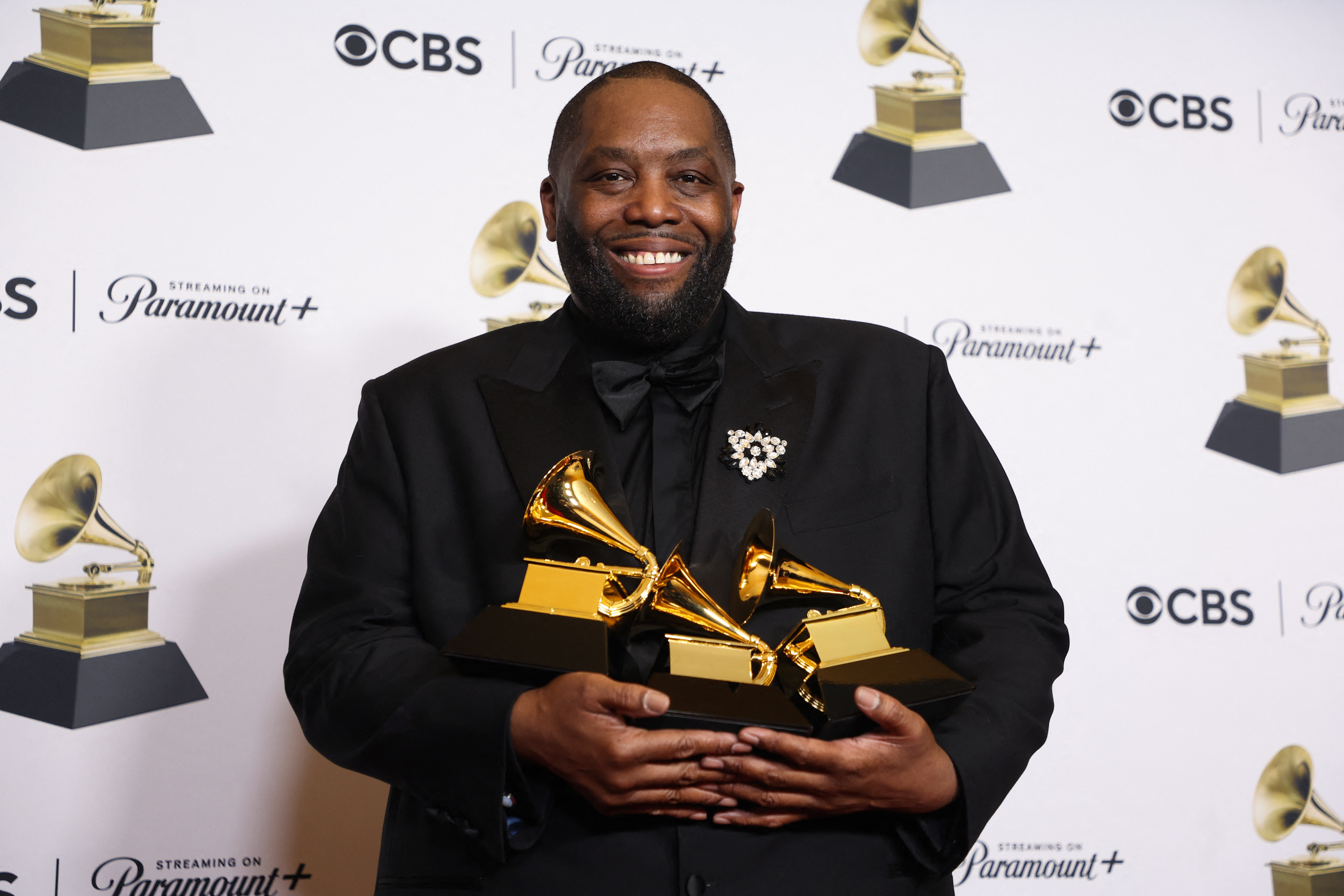 Killer Mike poses with the Best Eap Album award, the Best Rap Performance award and the Best Rap Song award at the 66th Annual Grammy Awards in Los Angeles, California, U.S., February 4, 2024. 