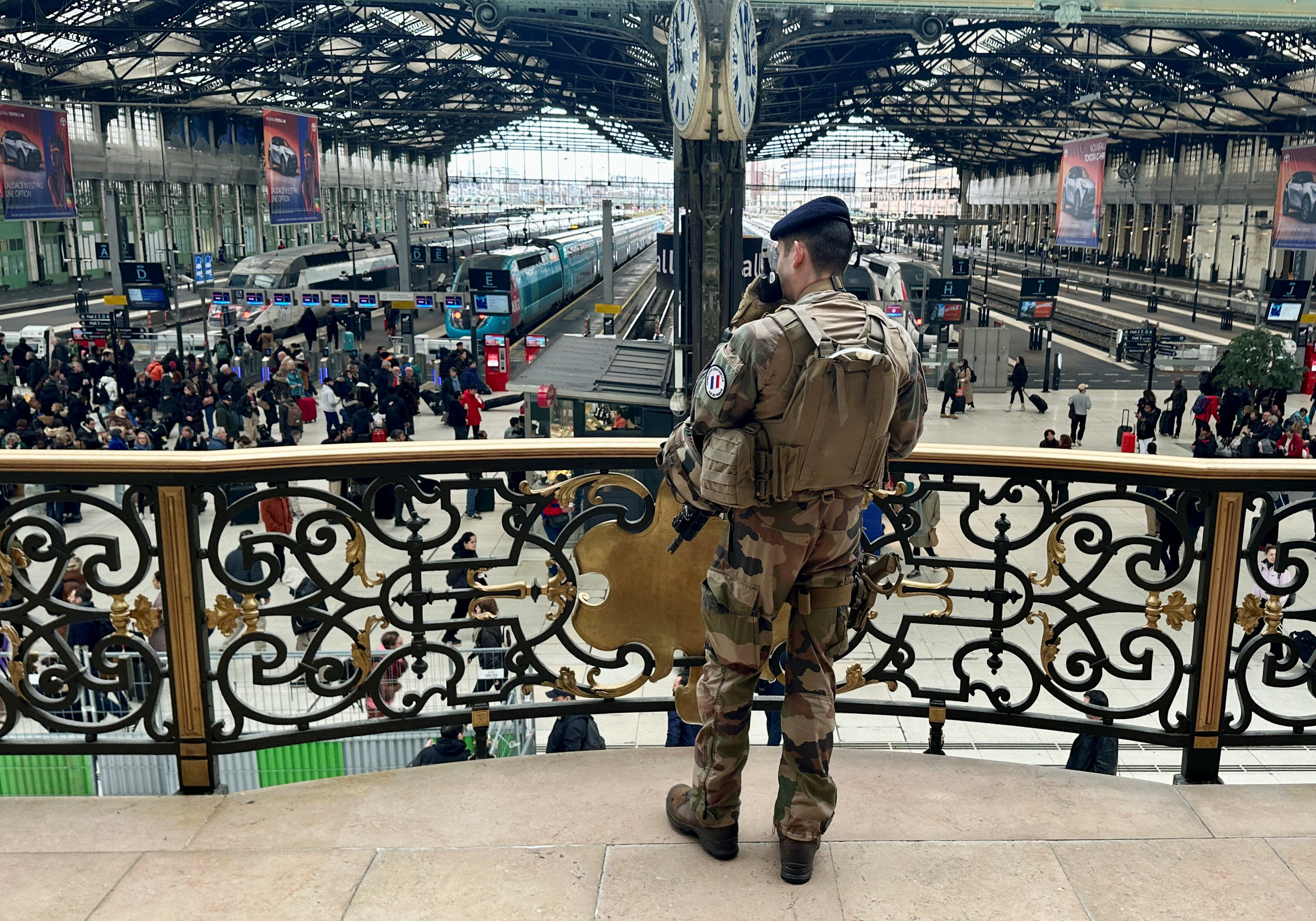 A French soldier secures the area after a man with a knife wounded several people at the Gare de Lyon rail station in Paris, France, February 3, 2024. 