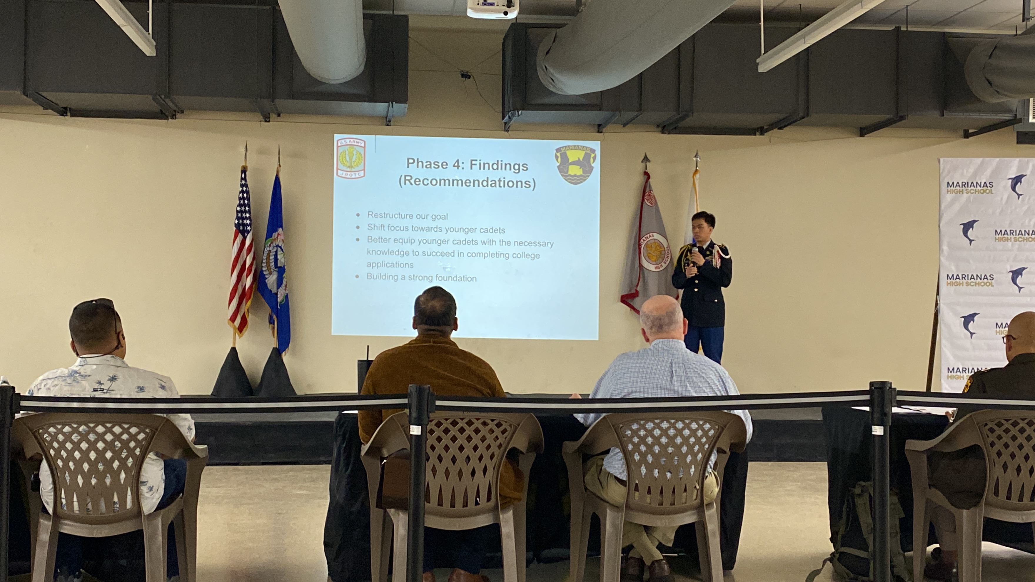 Marianas High School Battalion Commander Paulo Quidato delivers a presentation on Friday, Feb. 2, in the MHS cafeteria.