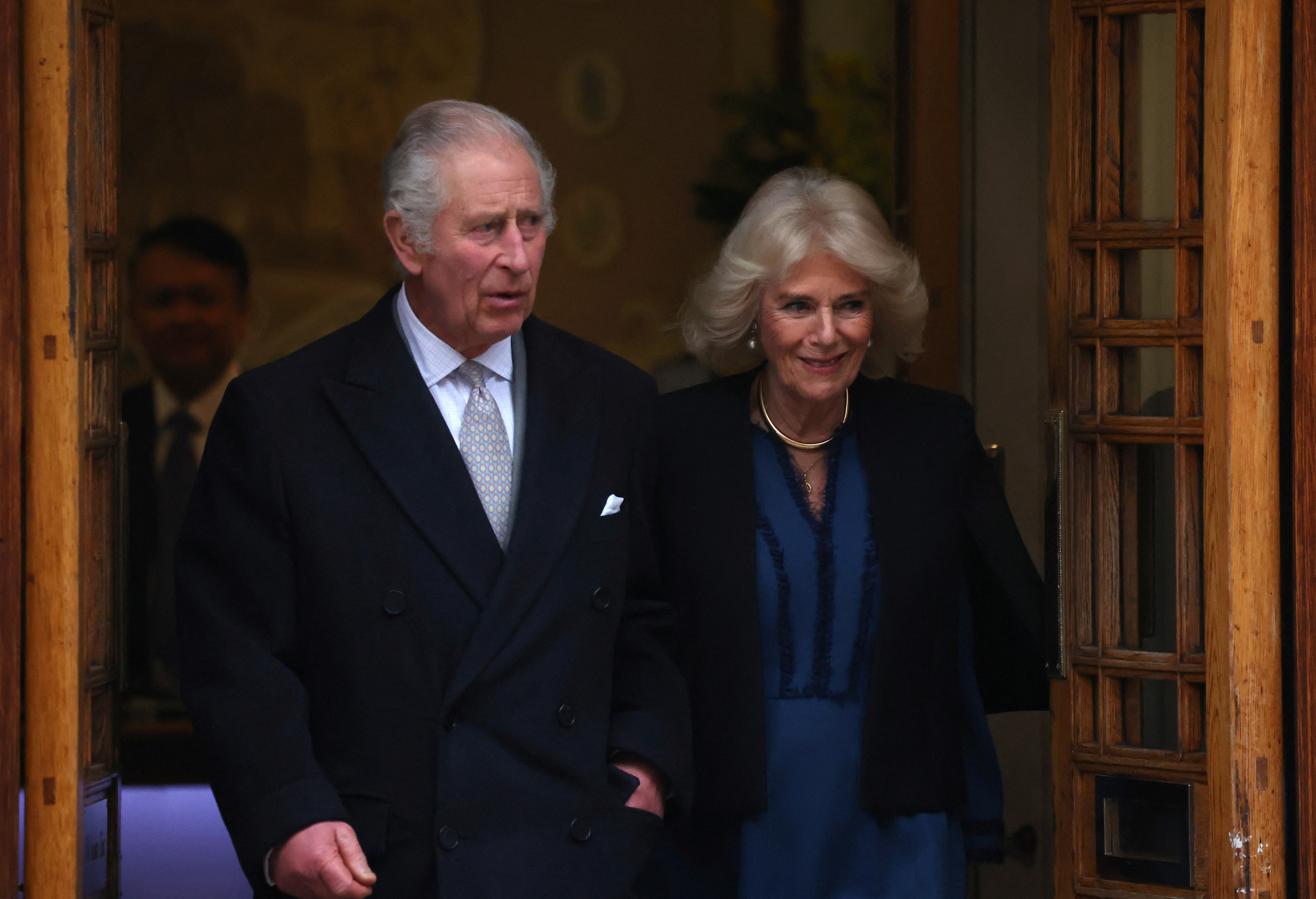 Britain's King Charles leaves the London Clinic with Britain's Queen Camilla after receiving treatment for an enlarged prostate, in London, Britain January 29, 2024. 