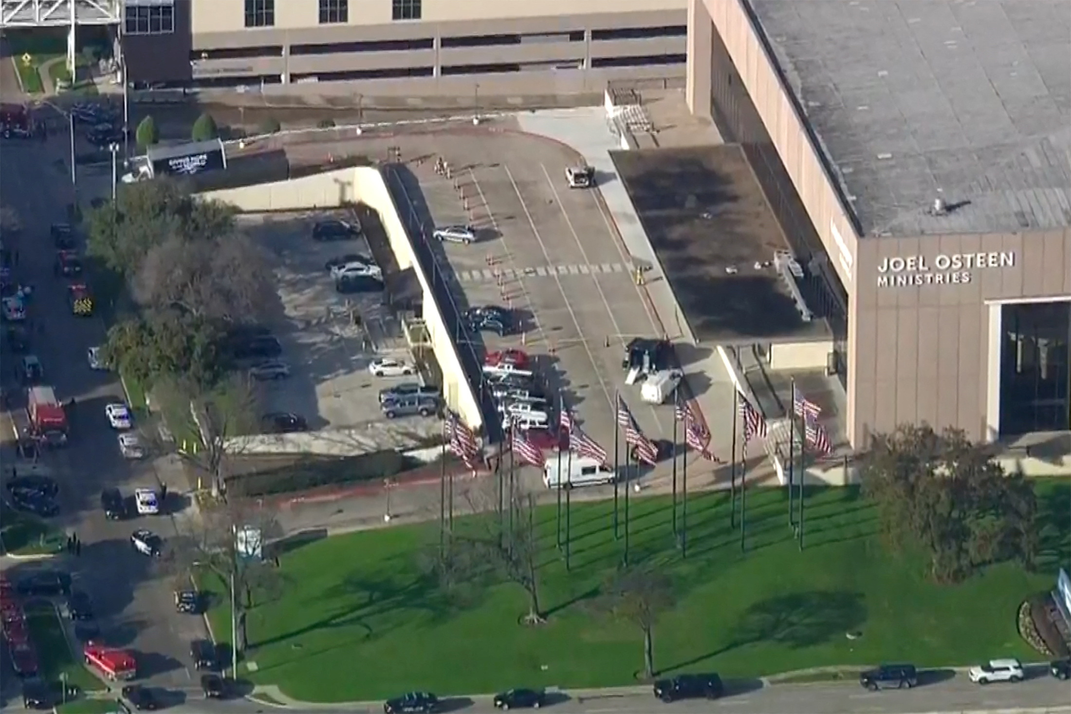 Television evangelist Joel Osteen’s Lakewood Church is seen in an aerial view after a shooting incident in Houston, Texas, U.S. February 11, 2024 in a still image from video. 