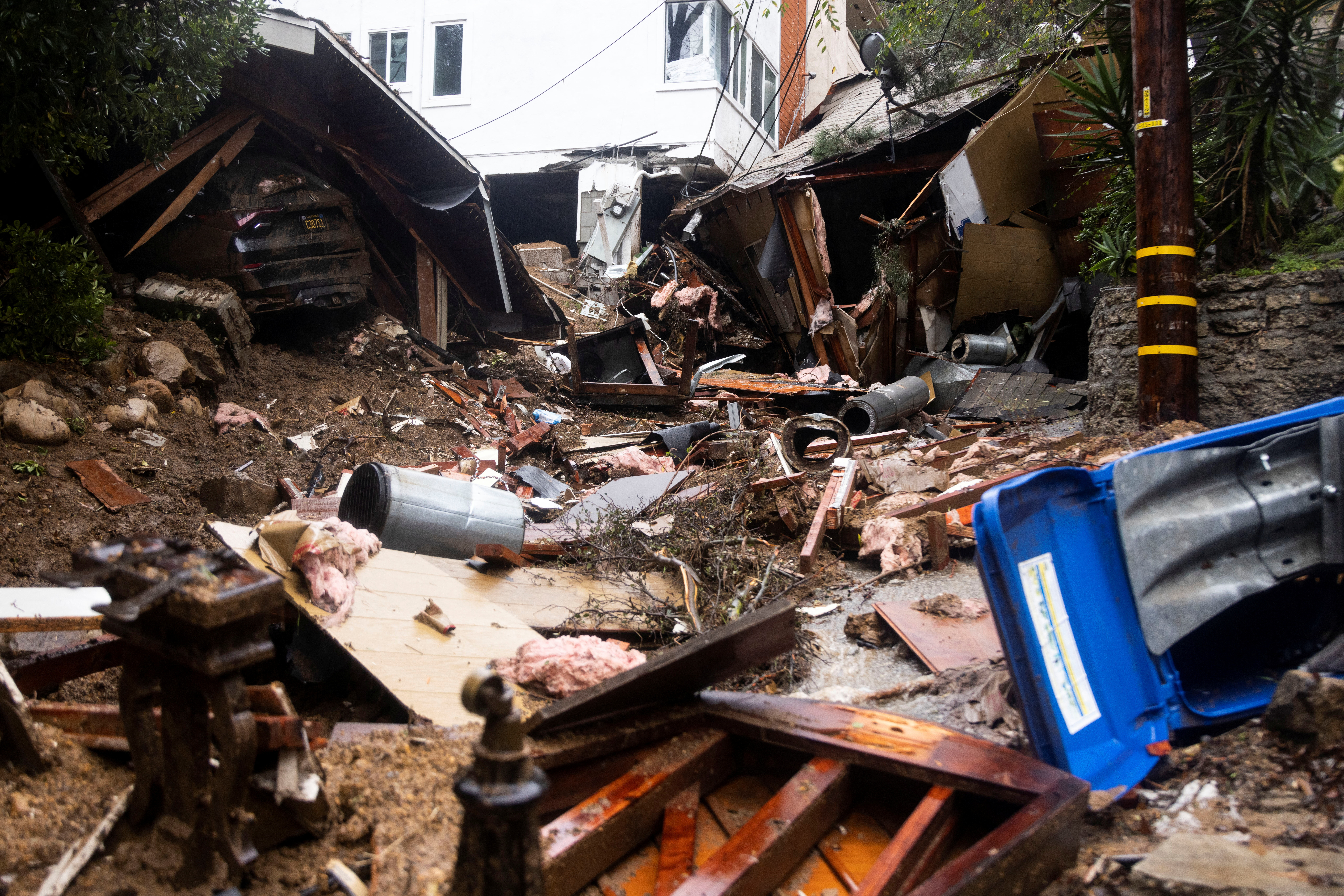 The remains of a home destroyed by a mudslide caused by the ongoing rain storm in Los Angeles, California, U.S., February 5, 2024.