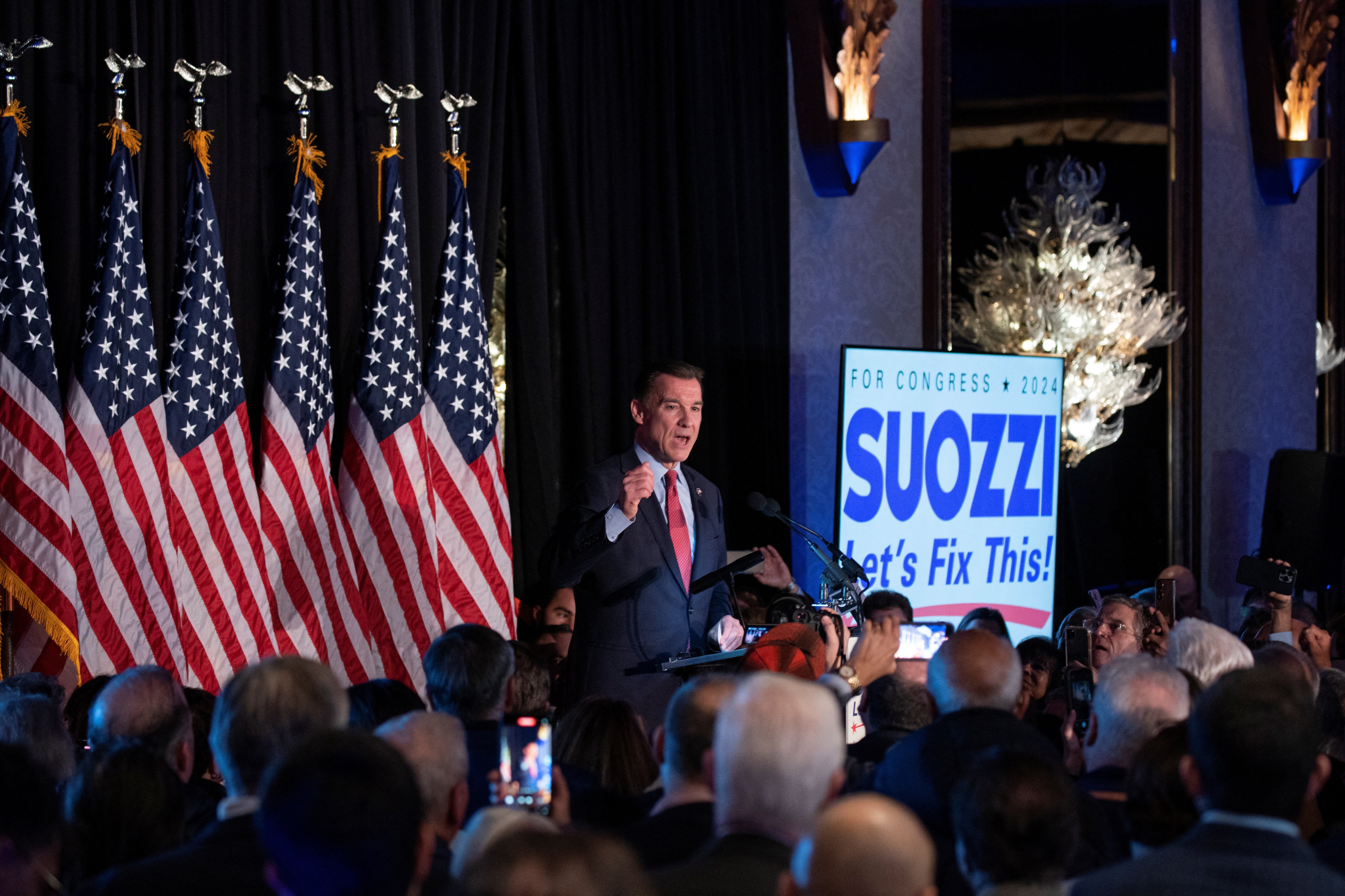 Democratic congressional candidate for New York's 3rd district, Tom Suozzi, delivers his victory speech during his election night party, following a special election to fill the vacancy created by Republican George Santos' ouster from Congress, in Woodbury, New York, U.S., February 13, 2024. 