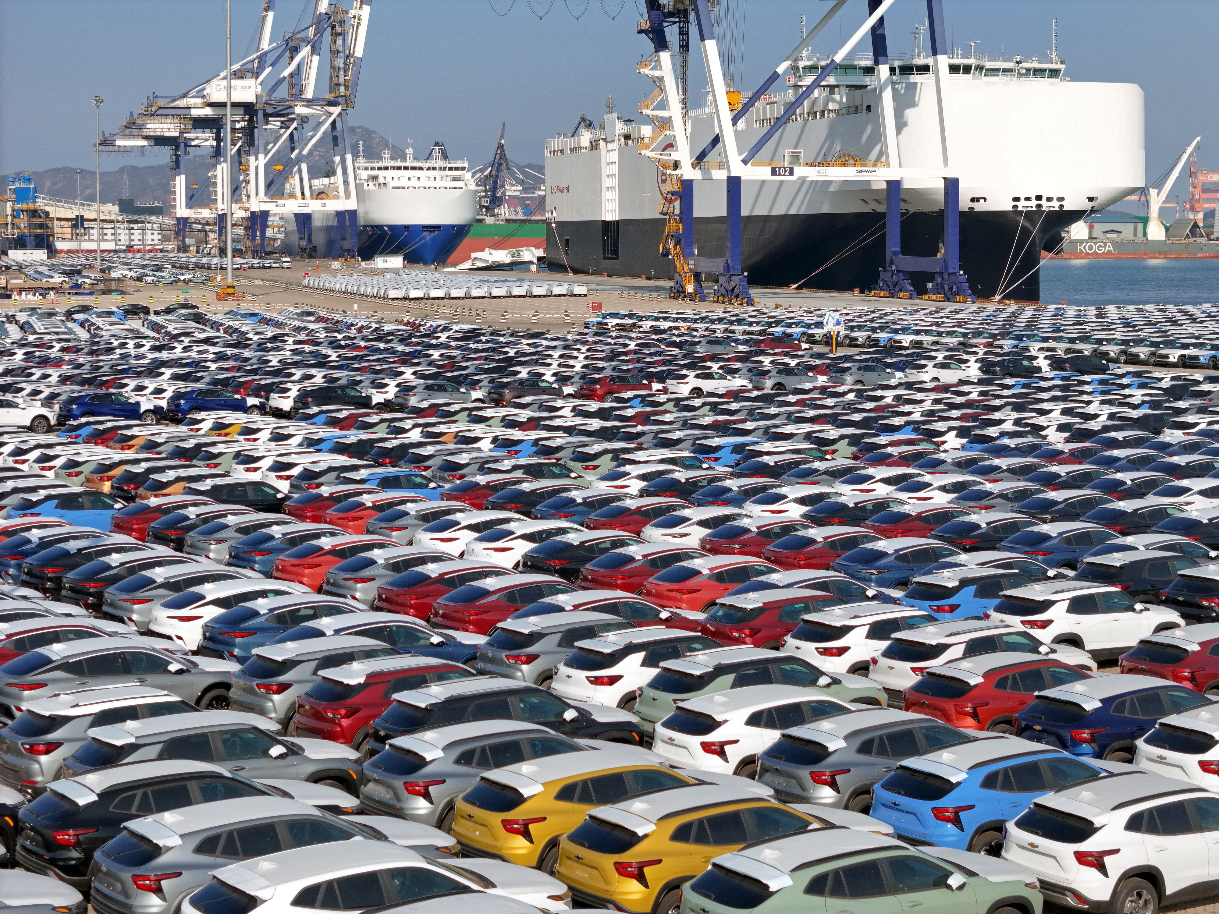 Cars to be exported sit at a terminal in the port of Yantai, Shandong province, China January 10, 2024. 