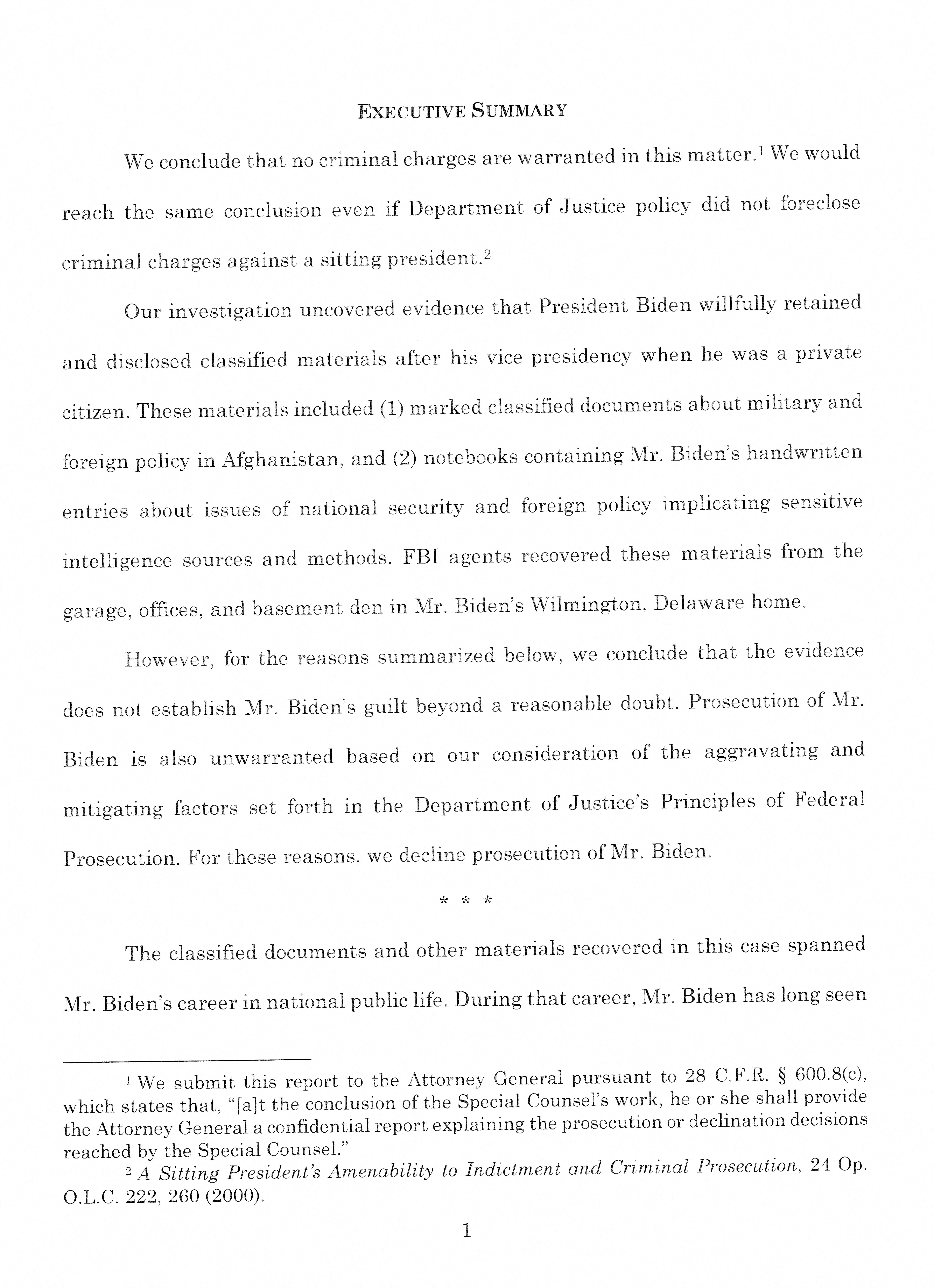 An executive summary of Special Counsel Robert Hur's report on the investigation Into U.S. President Joe Biden for taking classified information about national security matters with him when he left the vice presidency in 2017, is seen after being released by the Justice Department in Washington, U.S. February 8, 2024. 