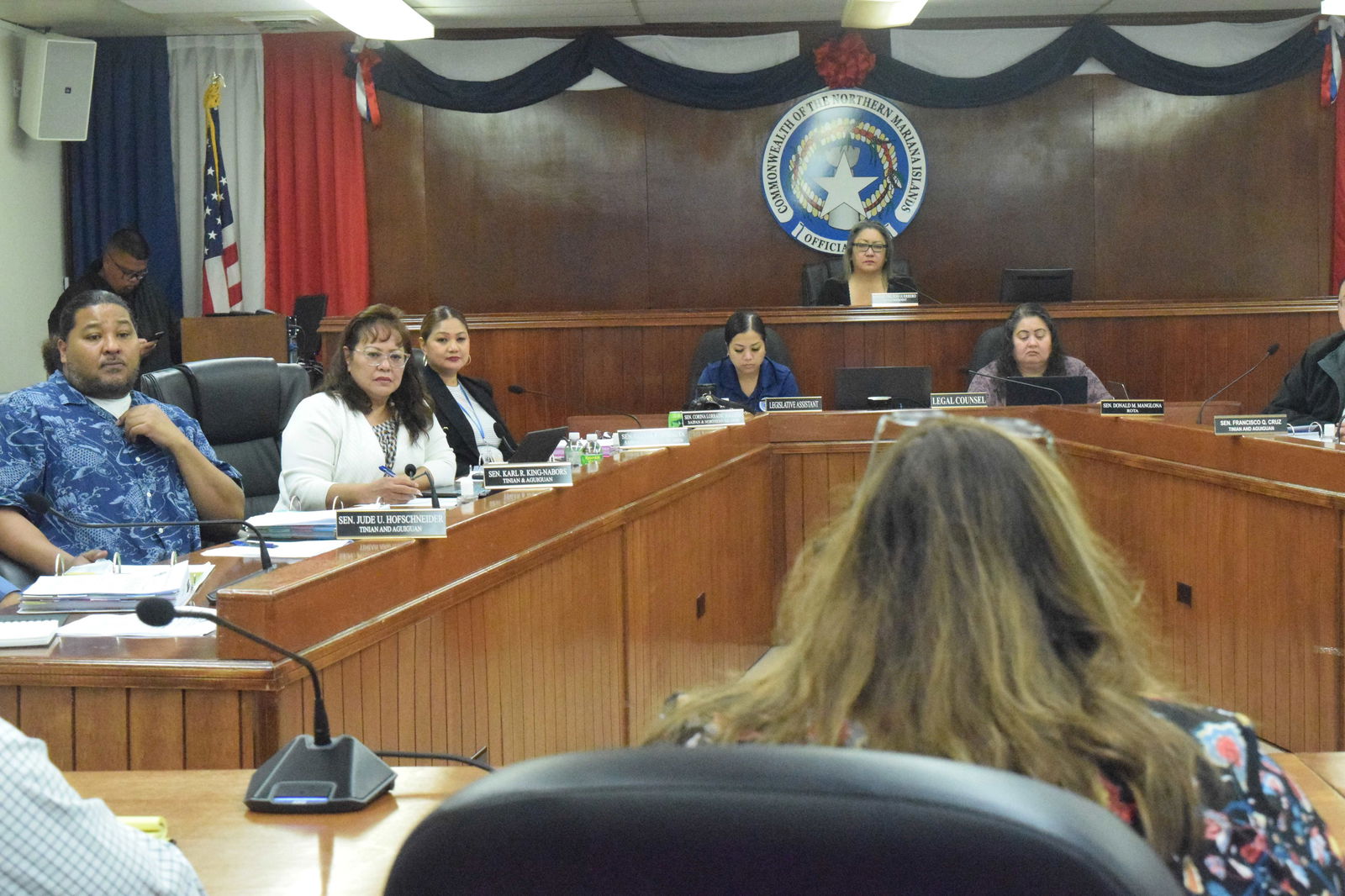 Senators listen to the acting Commonwealth Utilities Corp. executive director, Betty Terlaje, back to the camera, during a session on Tuesday.