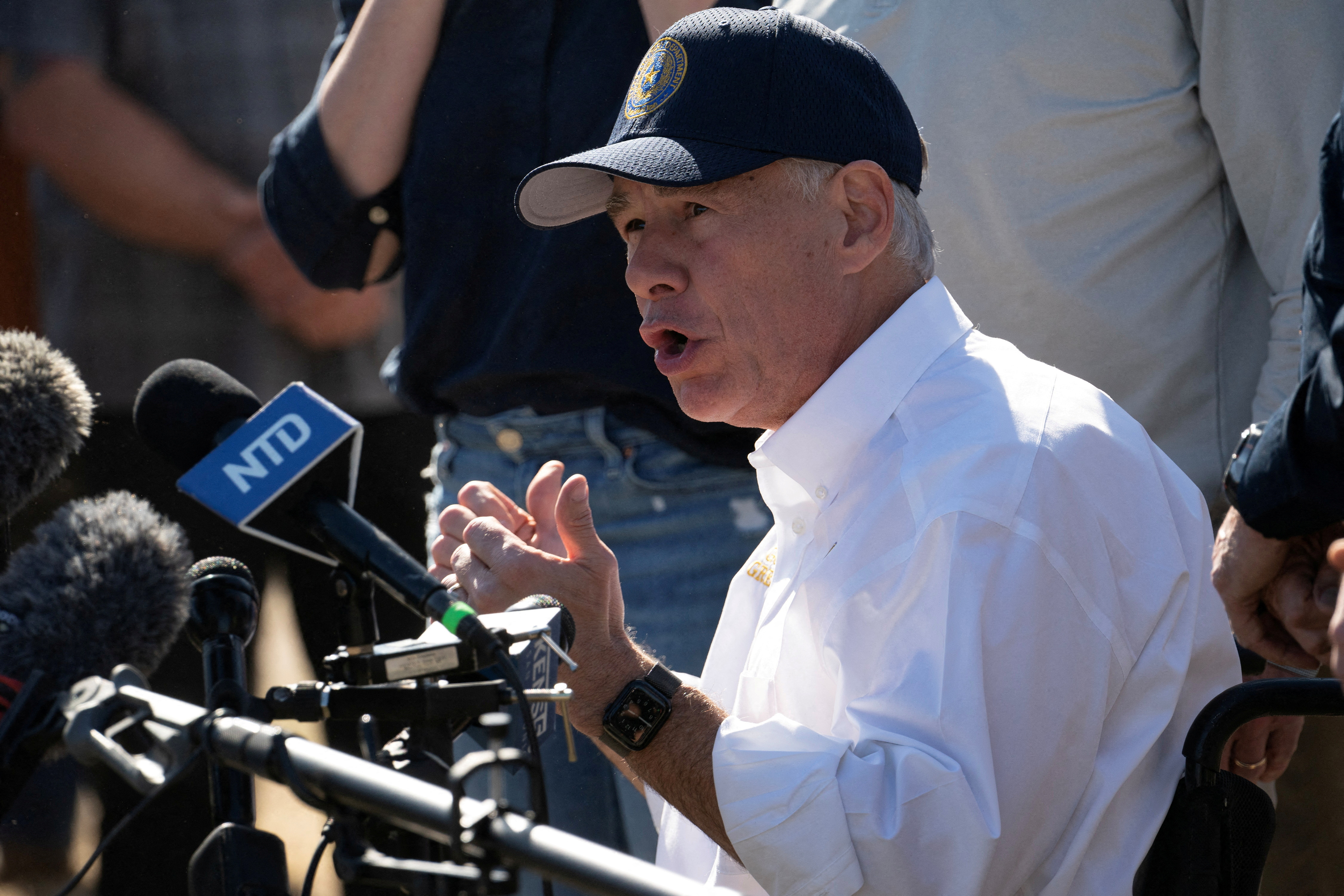 Texas Governor Greg Abbott speaks during the press conference about border security, joined by 13 governors from different states, at Shelby Park in Eagle Pass, Texas, U.S., February 4, 2024. 