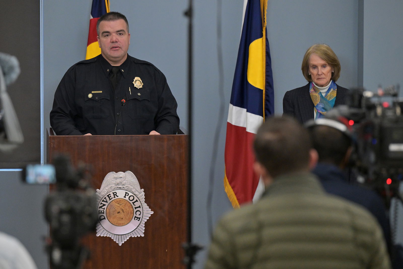 Denver Police Department Major Crimes Division Commander Matt Clark, left, and Denver District Attorney Beth McCann answer questions from reporters at the Denver Police Crime Lab on Friday, Feb. 16, 2024, in Denver. (Hyoung Chang/The Denver Post/TNS)