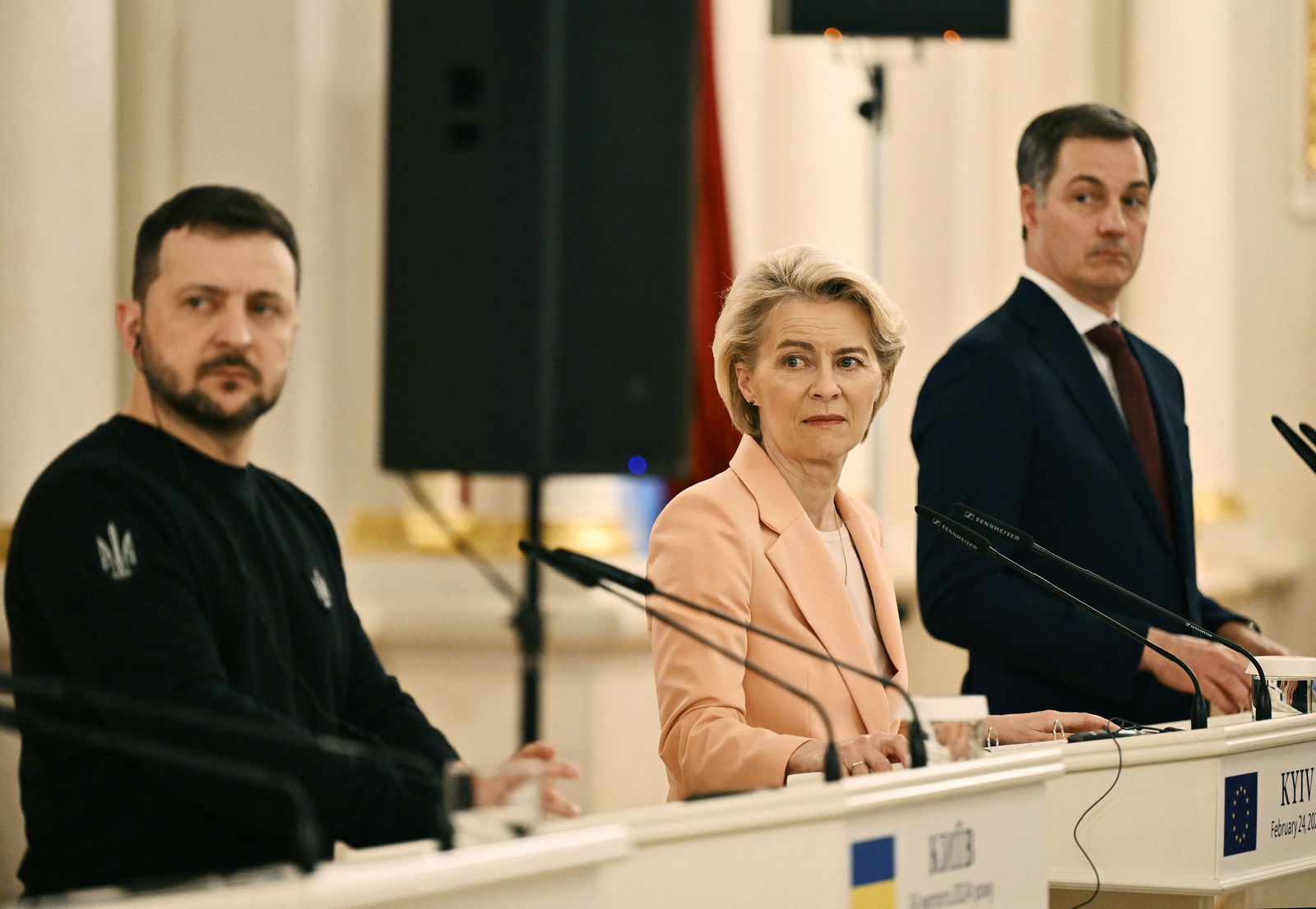 From left, Ukraine's President Volodymyr Zelensky, European Commission President Ursula von der Leyen, and Belgium's Prime Minister Alexander De Croo attend a joint news conference with Canada's Prime Minister Trudeau and Italy's Prime Minister Meloni following their meeting in Kyiv on Saturday, Feb. 24, 2024, on the second anniversary of the Russian invasion of Ukraine. (Genya Savilov/AFP/Getty Images/TNS)