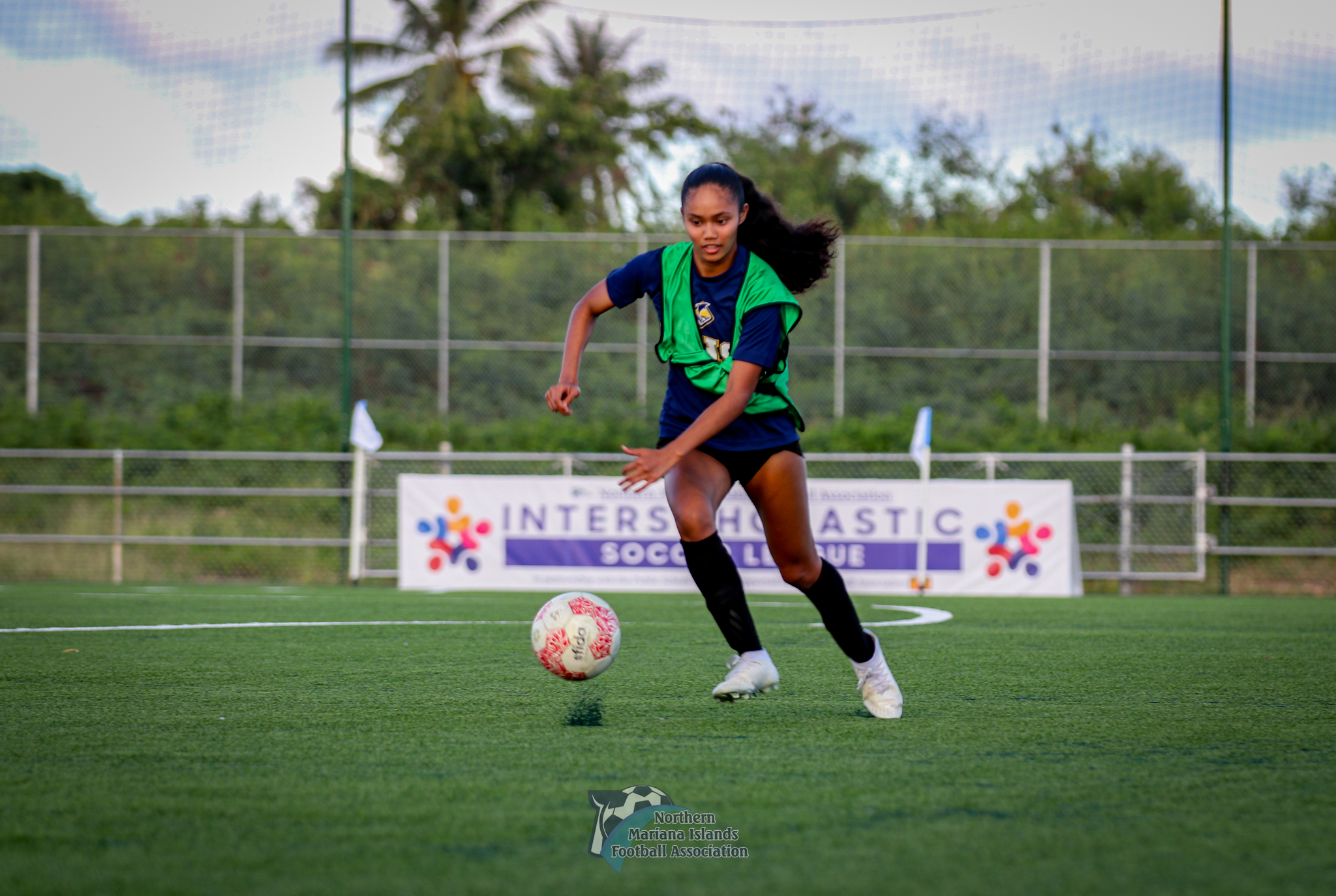 Marianas High School’s Tamia Kileleman-Hix sets up the play during a girls high school division game of the NMIFA-PSS Interscholastic Soccer League SY23-24 at the NMI Soccer Training Center in Koblerville. 