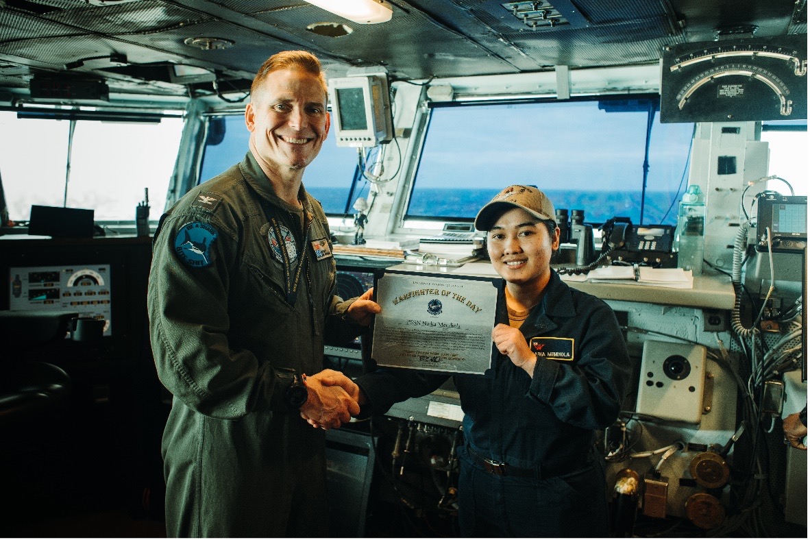 Saipan Seaman Nadia Mendiola, right, was recognized as “Warfighter of the Day” aboard USS George Washington.