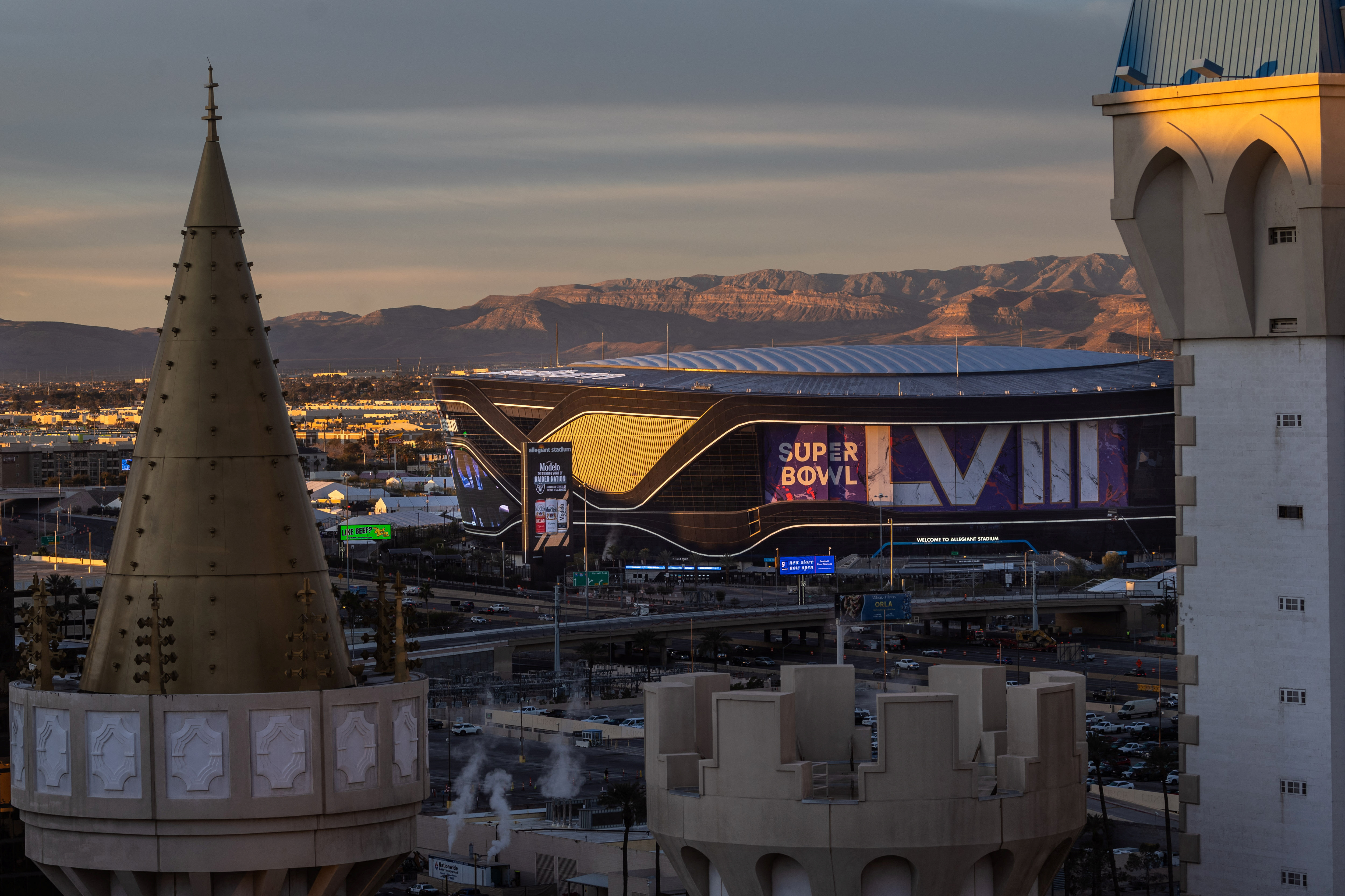 The rising sun illuminates the Allegiant Stadium, where Super Bowl LVIII will take place, in Las Vegas, Nevada, U.S., January 24, 2024. 