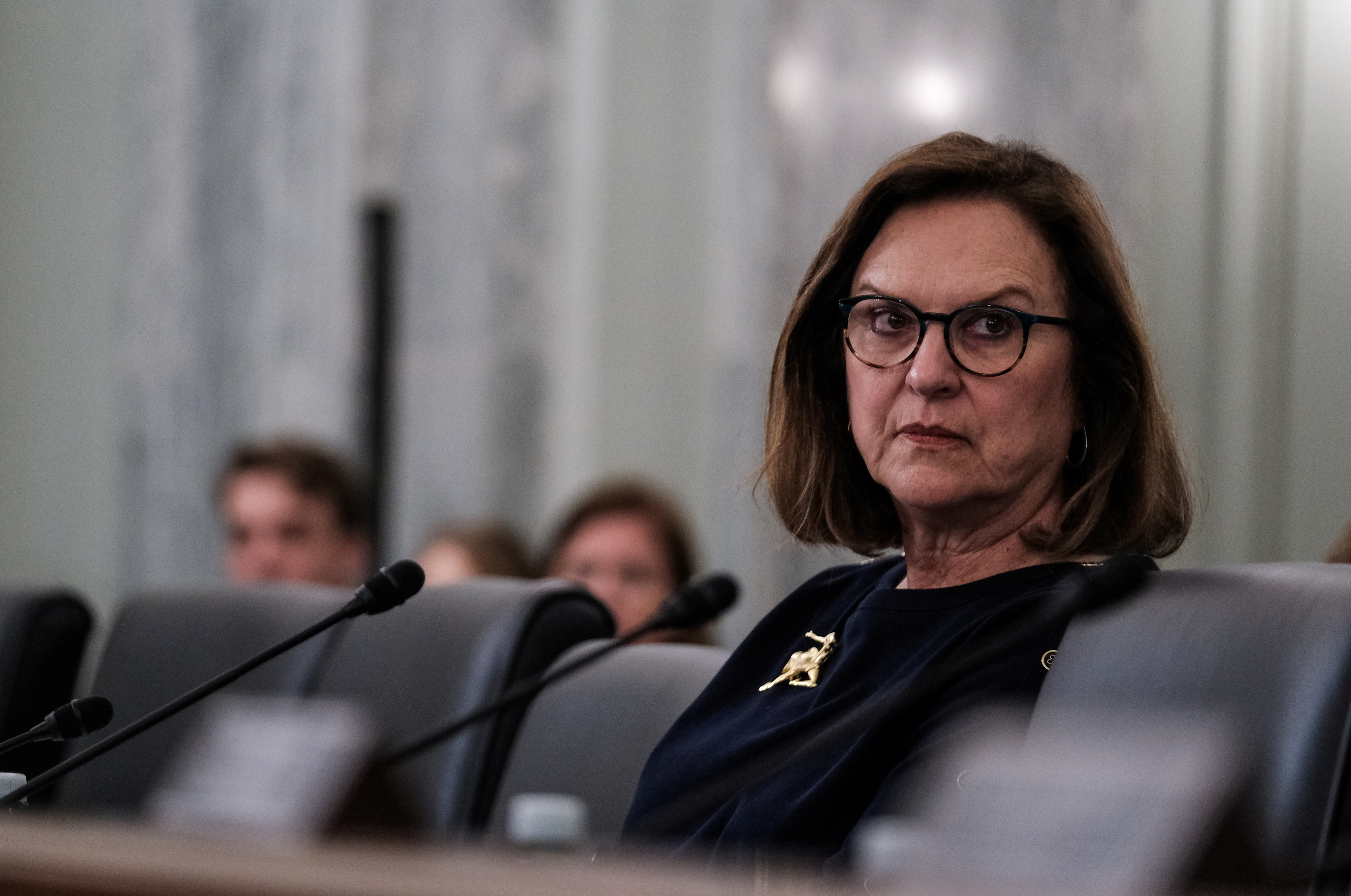 U.S. Senator Deb Fischer (R-NE) listens during a Senate Commerce, Science, and Transportation Committee hearing on President Biden's proposed budget request for the Department of Transportation, on Capitol Hill in Washington, U.S., May 3, 2022. 