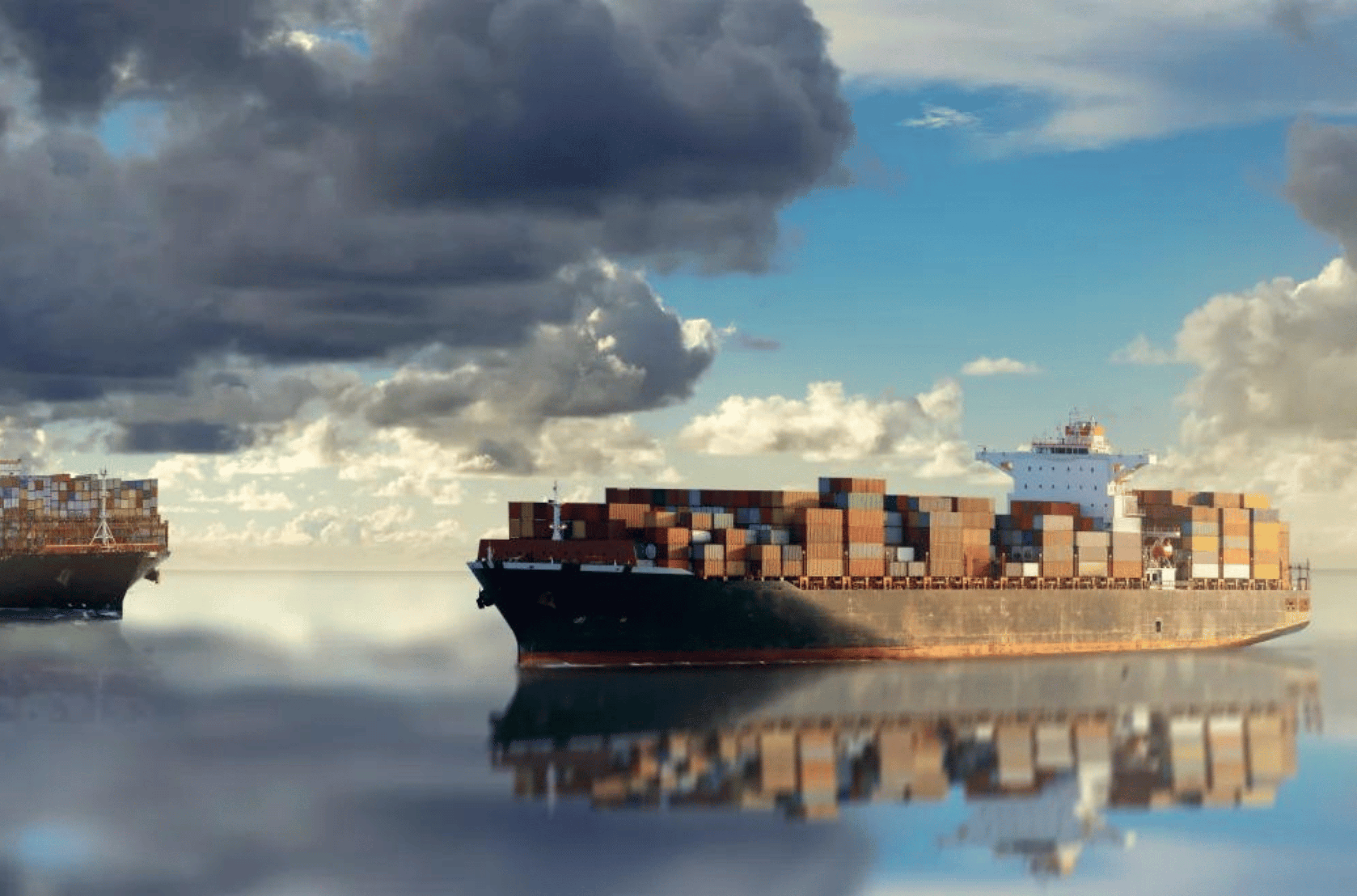 Mighty container ships in ocean at sunrise underway performing import and export marine cargo transportation. Commercial goods industry and maritime cargo shipment concept. 