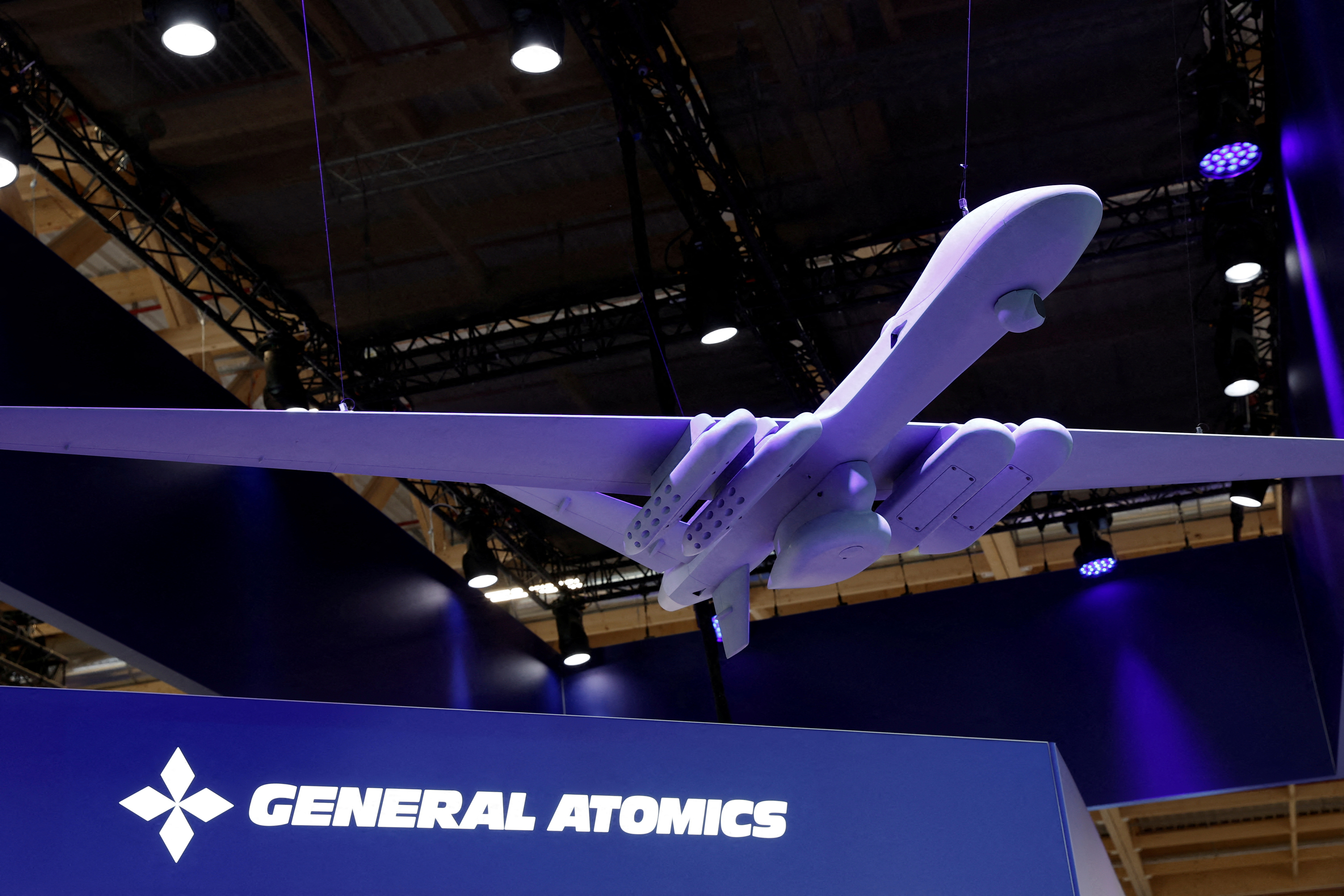 A model MQ-9B manufactured by General Atomics is displayed at the 54th International Paris Airshow at Le Bourget Airport near Paris, France, June 21, 2023. 