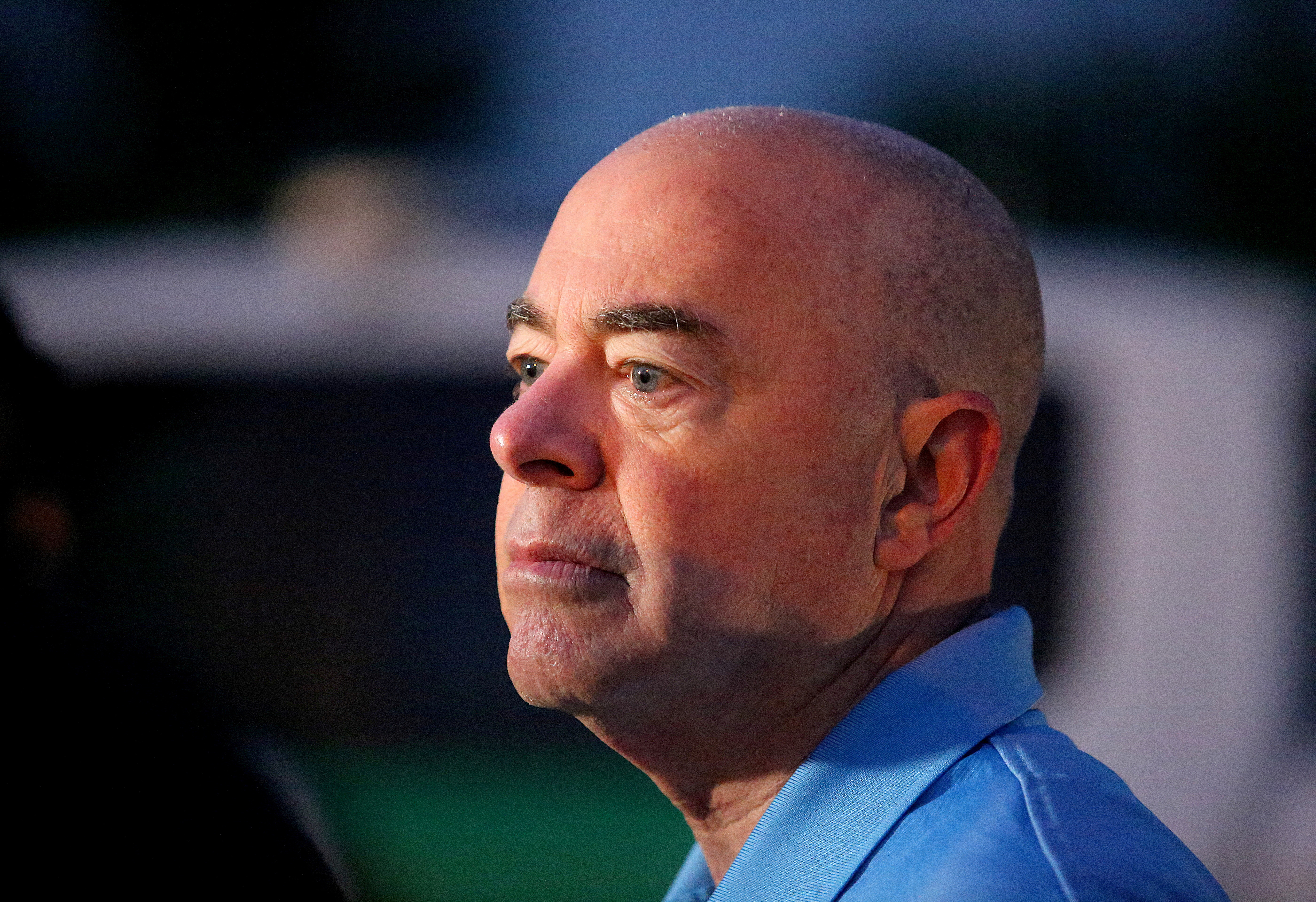 U.S. Homeland Security Secretary Alejandro Mayorkas listens to high ranking members of the U.S. Border Patrol near the border with Mexico in La Joya, Texas, U.S. May 17, 2022. 