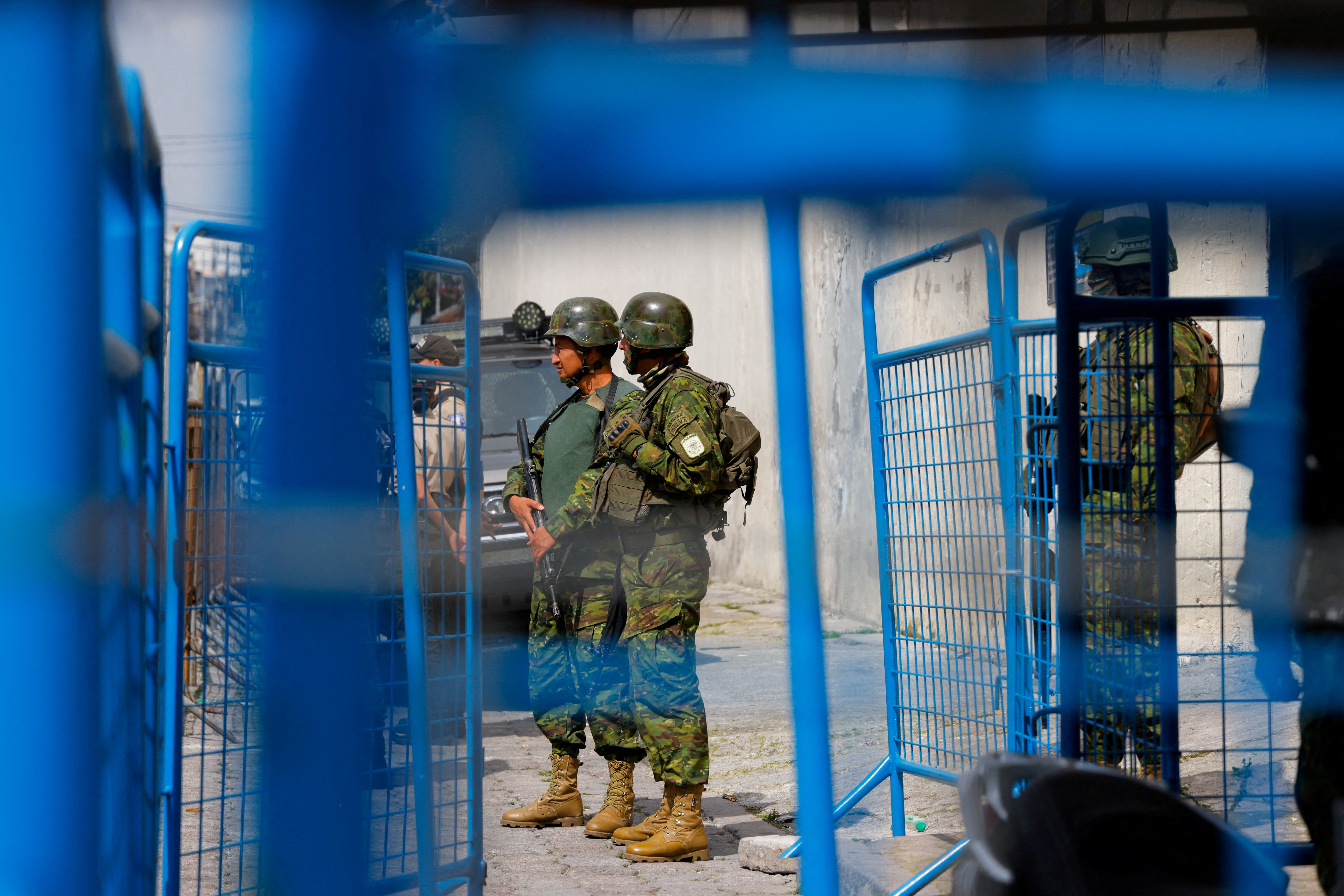 Military personnel guard the entrance to El Inca prison after a security operation due to riots, following the disappearance of Jose Adolfo Macias, alias 'Fito', leader of the Los Choneros criminal group, in Quito, Ecuador January 8, 2024. 