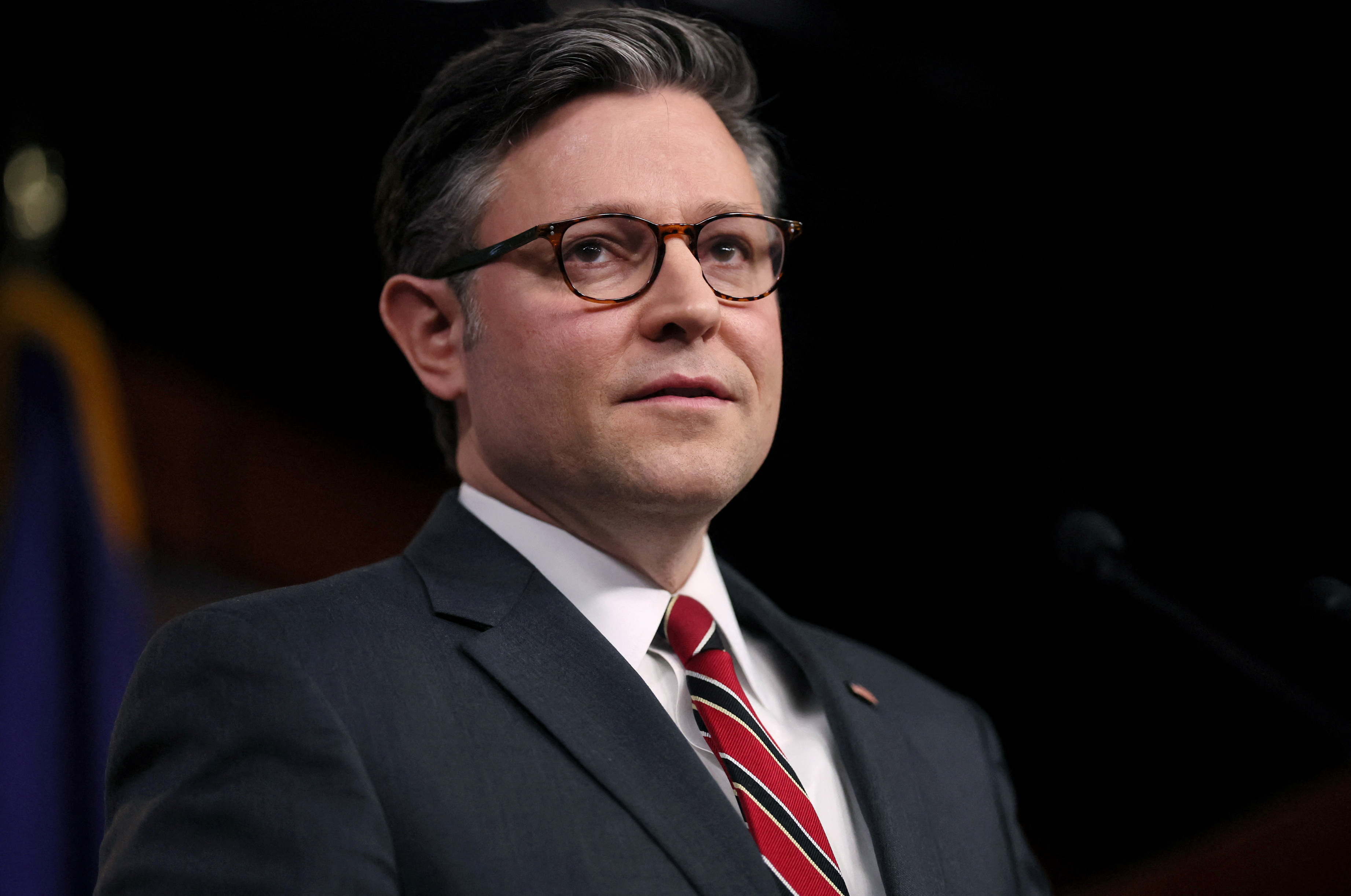 U.S. House of Representatives Speaker Mike Johnson (R-LA) holds a press conference at Capitol Hill in Washington, U.S., February 14, 2024. 