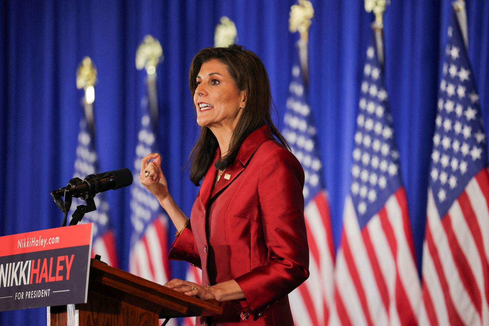 FILE PHOTO: Republican presidential candidate and former U.S. Ambassador to the United Nations Nikki Haley speaks on stage at her watch party during the South Carolina Republican presidential primary election in Charleston, South Carolina, U.S. February 24, 2024. 