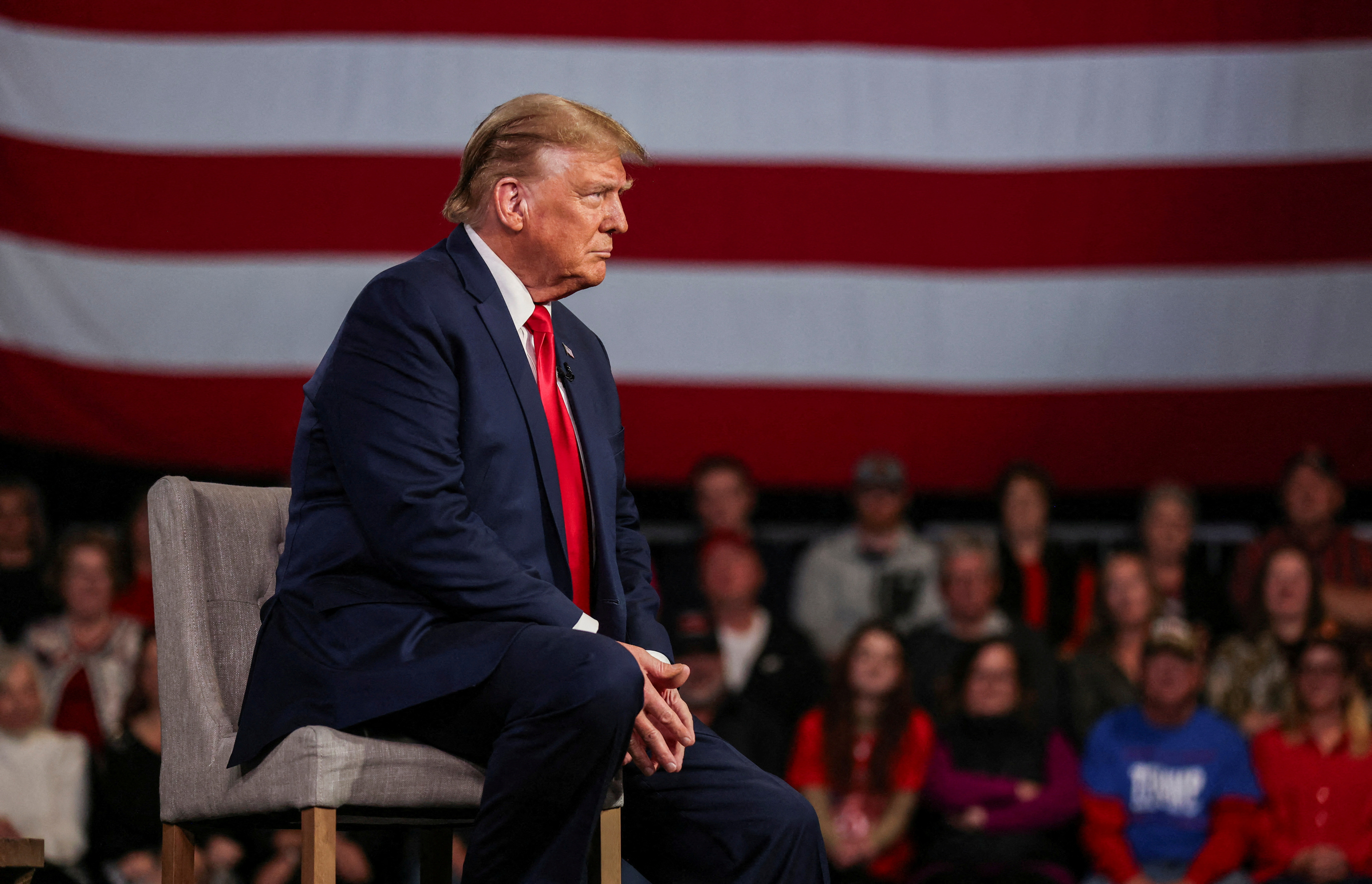 FILE PHOTO: Former U.S. President and Republican presidential candidate Donald Trump participates in a Fox News town hall with Laura Ingraham in Greenville, South Carolina, U.S. February 20, 2024.  Photo