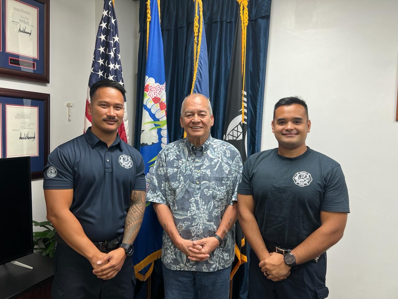 Northern Marianas Professional Firefighters Union board member Capt. Jesse Salas, Vice President Edward Dela Cruz, and President Fire Capt. Paul Sasamoto — not in photo — met recently with U.S. Congressman Gregorio Kilili Camacho Sablan. 