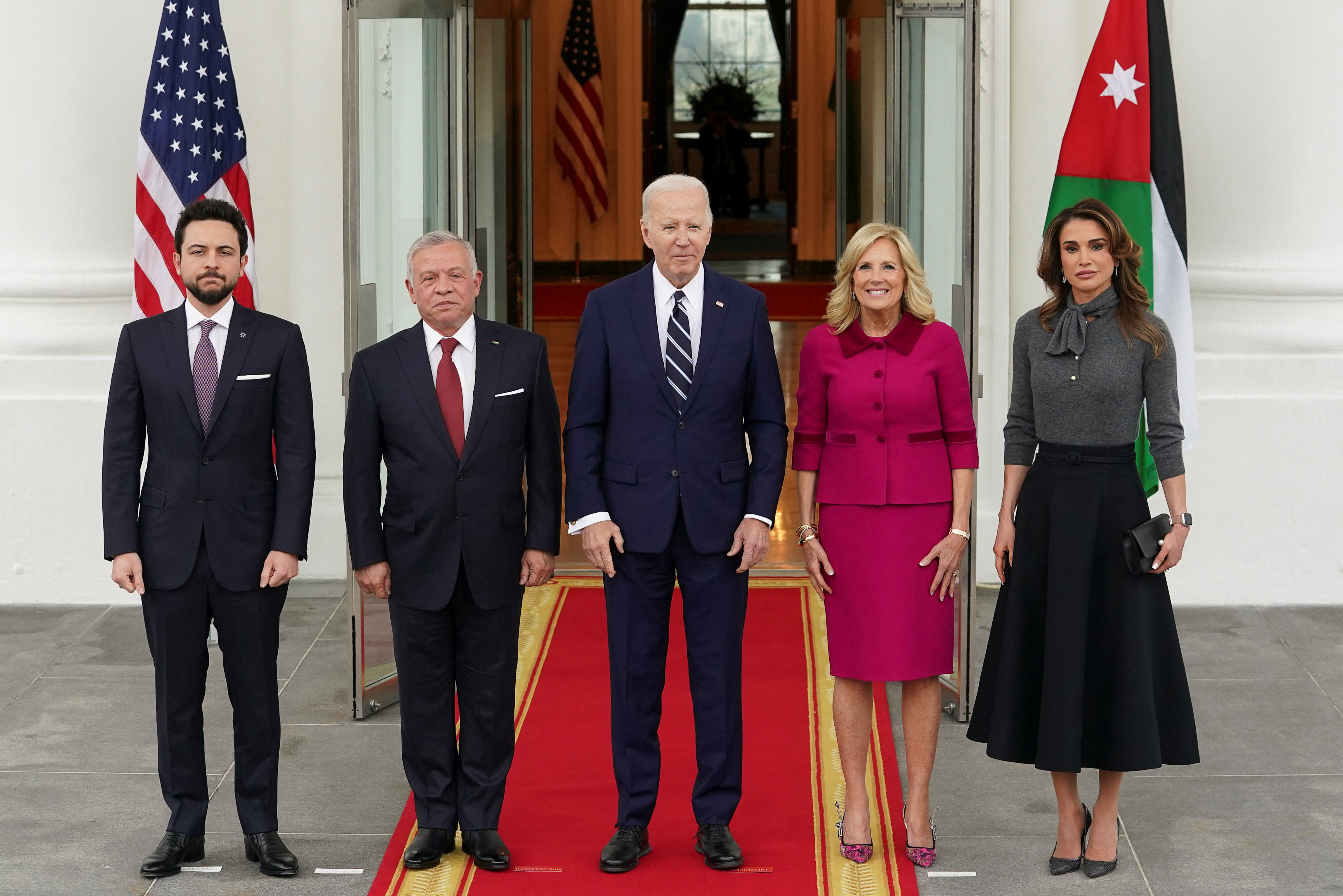 U.S. President Joe Biden and first lady Jill Biden pose for a picture with Jordan's King Abdullah, Queen Rania and Crown Prince Hussein, at the White House in Washington, U.S., February 12, 2024. 