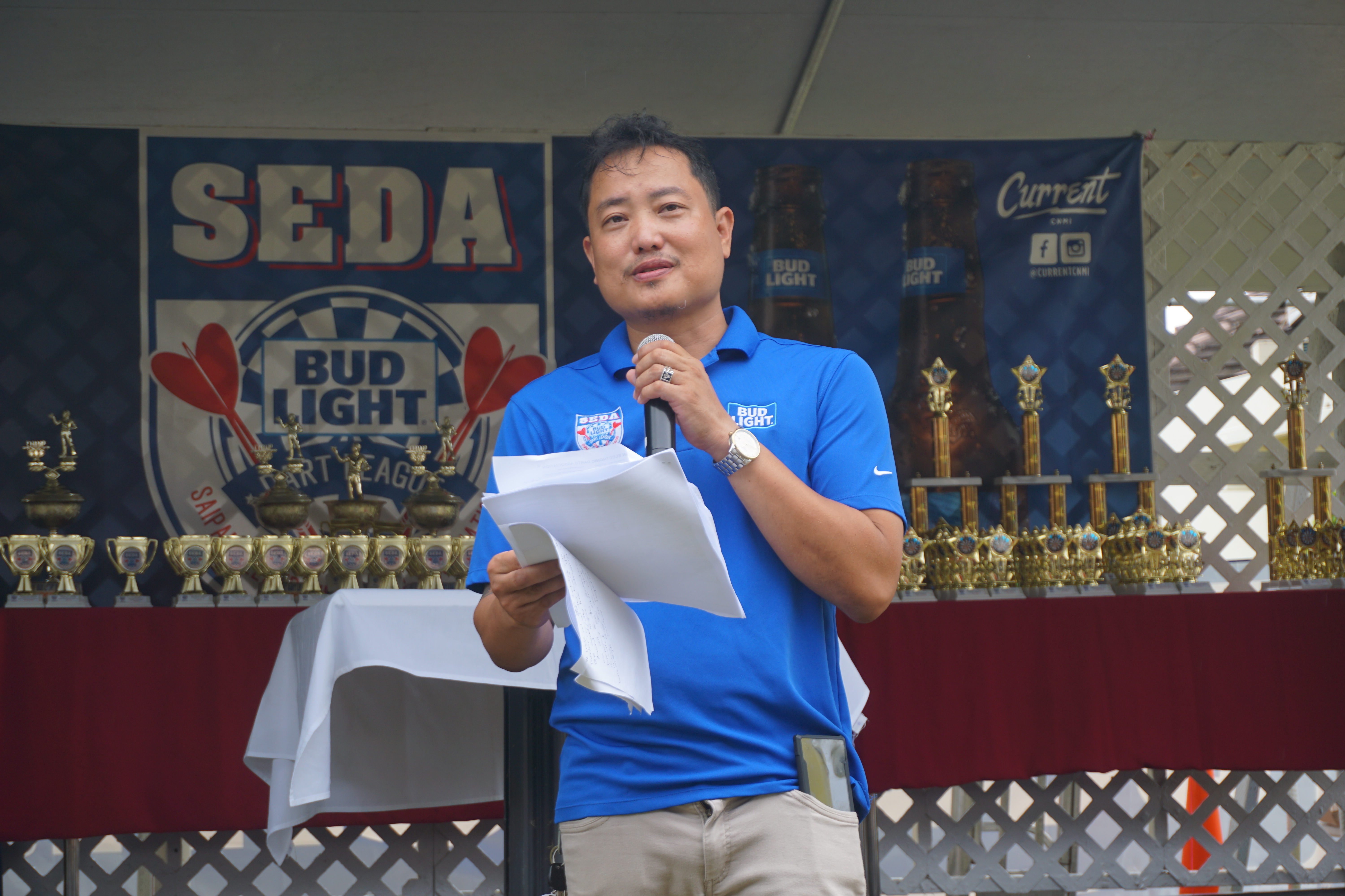 Saipan Electronic Dart Association League Secretary Ivan Sales delivers his remarks during the 2023 SEDA Bud Light Dart League awards banquet on Sunday, Feb. 11, at the Pacific Islands Club Saipan.